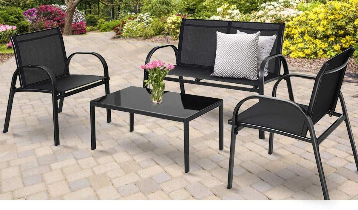 HAPPYGRILL 4-Piece Outdoor Patio Furniture Set - Garden Table & Chairs with Tempered Glass Coffee Table for Poolside, Lawn, Backyard & Patio Relaxation