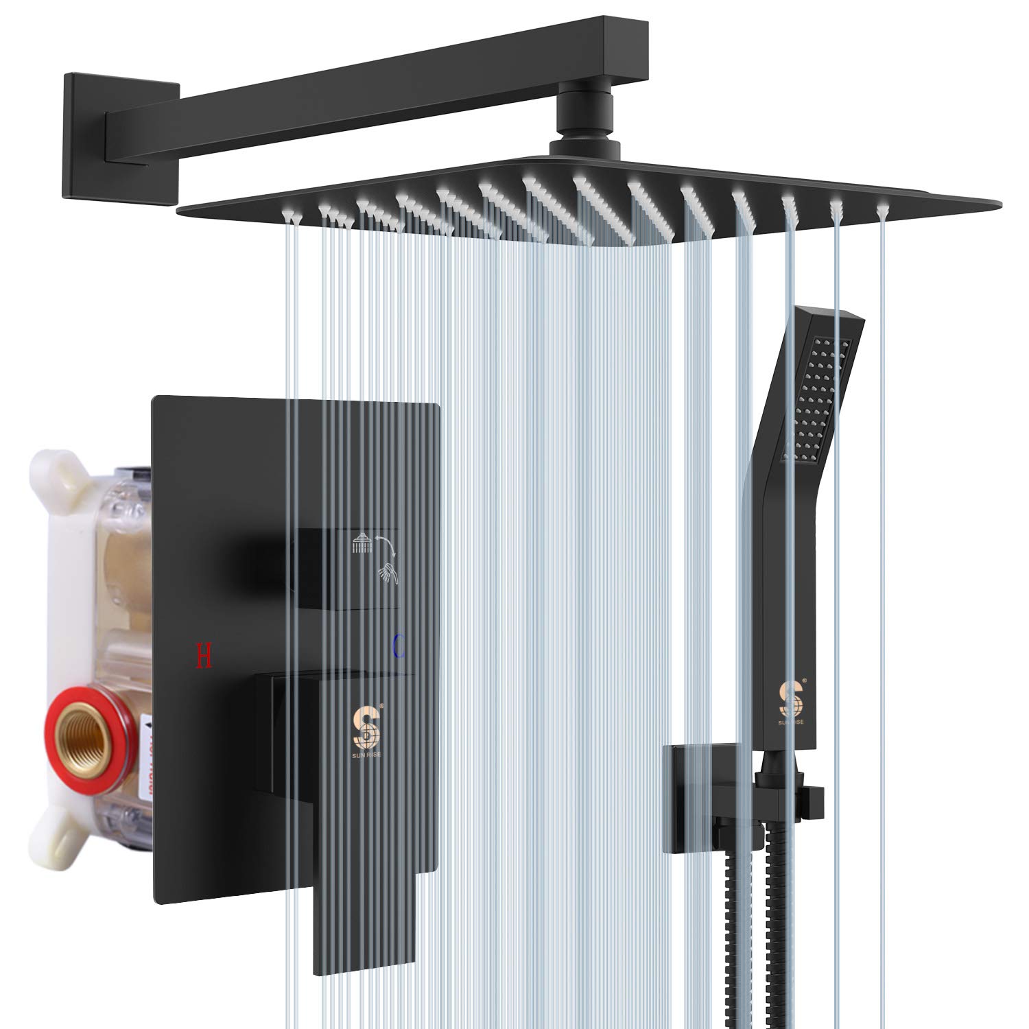 SR SUN RISE 10 Inch Matte Black Wall Mount Shower System Set with Rough-in Valve & Trim Kit - Complete Bathroom Fixture for Modern Home Renovation
