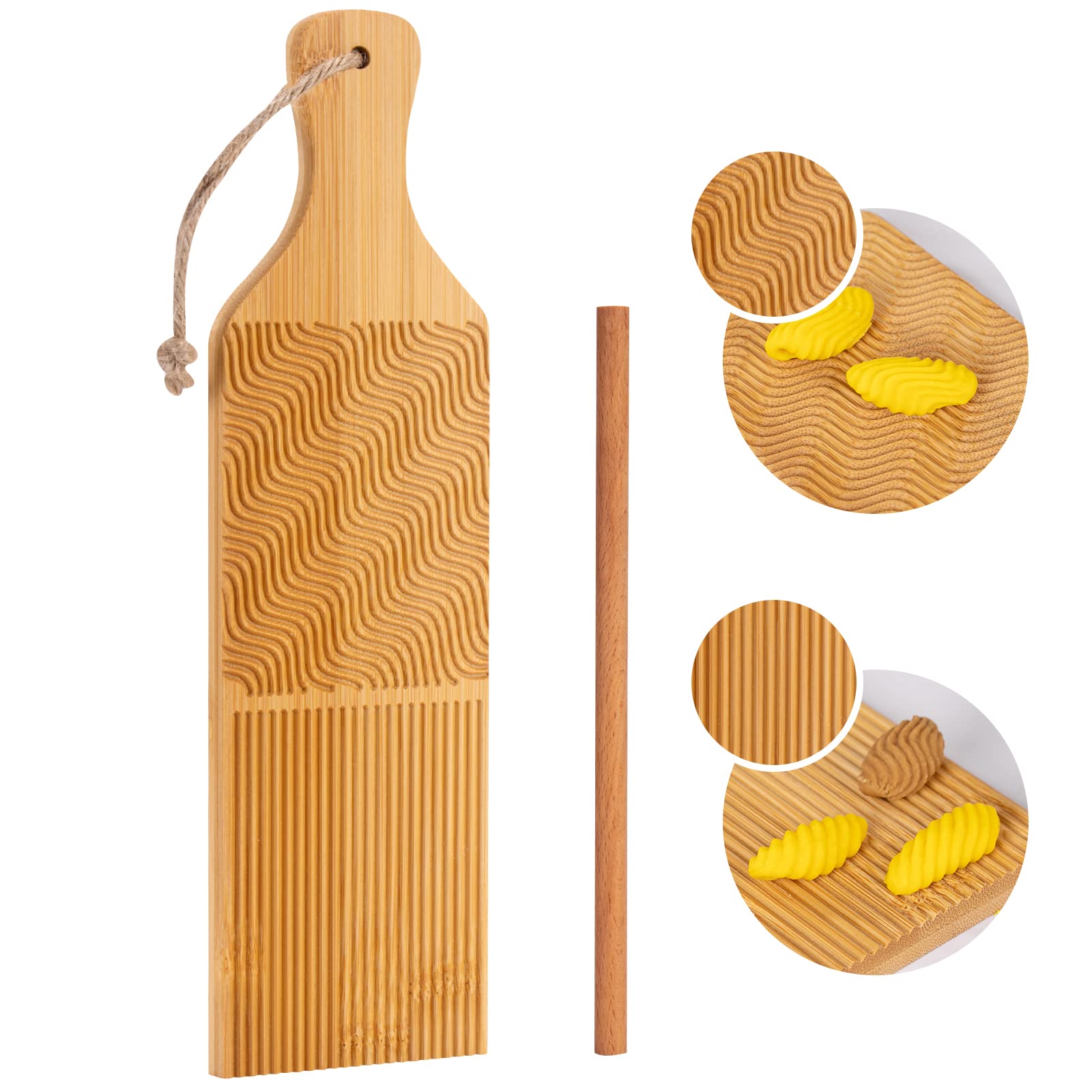 Handcrafted Bamboo Gnocchi Board & Pasta Maker with Garganelli Stick - Natural Wood Kitchen Tool for Homemade Cavatelli, Gnocchi Ridges & Pasta Rolling - Perfect for Italian Cooking, Pasta Making & Gift for Foodies
