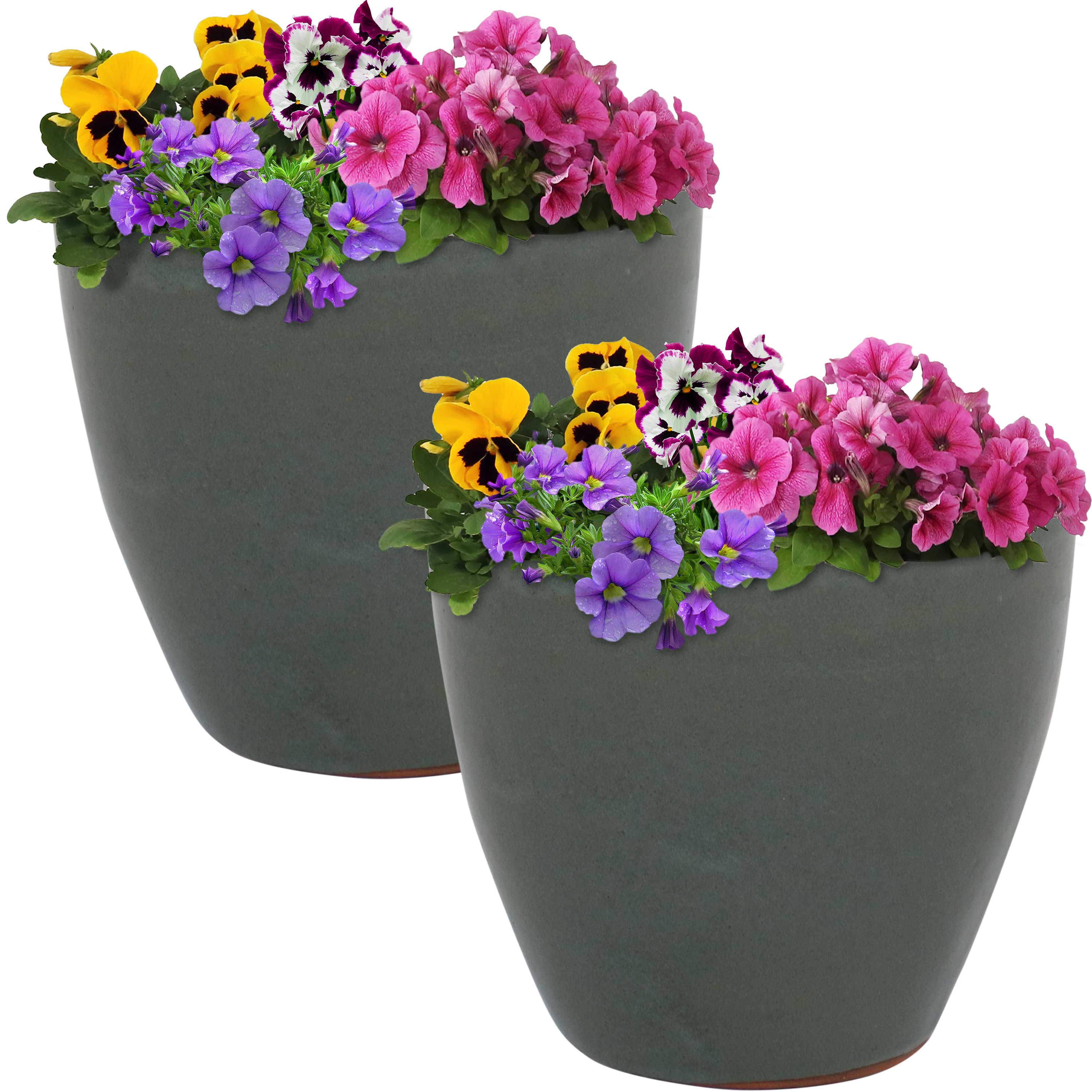 Sunnydaze Resort Glazed Ceramic Plant Pots with Drainage Holes - Set of 2 for Indoor/Outdoor Garden, Patio, and Home Decor