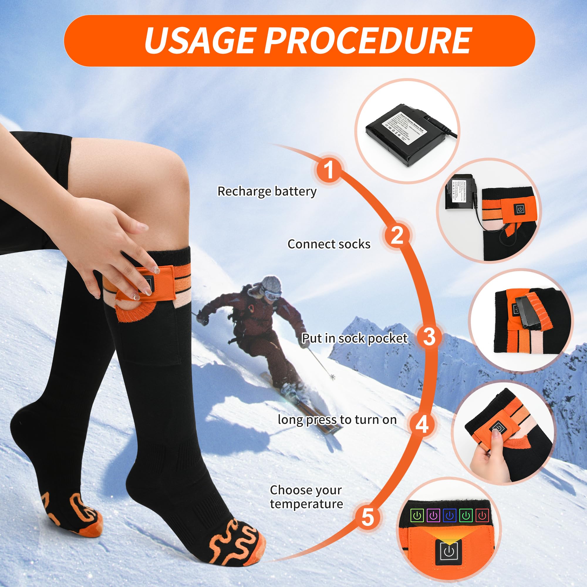 Rechargeable Heated Socks for Men & Women - 7.4V 6000mAh Battery, 17H Heat, 10s Fast Warm-Up, 5-Level Temperature Control, APP Remote - Washable Electric Foot Warmers for Skiing, Hiking, Camping & Winter Outdoor Activities