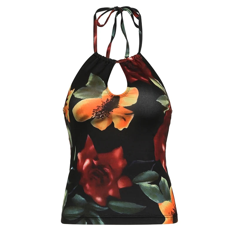 Floral Print Backless Halter Crop Top for Women - Sexy Summer Beachwear & Casual Harajuku Style | Perfect for Vacations, Music Festivals & Night Out