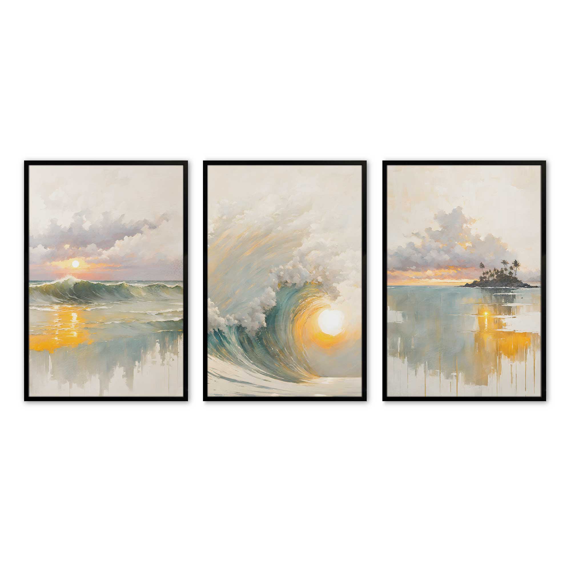 Golden Waves at Sunset - Set of 3 Framed Ocean Wall Art Prints for Beach House Decor, Living Room, Bedroom & Office