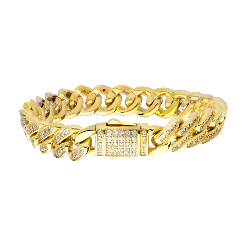 12mm 18K Gold Plated Miami Cuban Link Chain Bracelet for Men - CNC Precision Set with Genuine Cubic Zirconia Stones - Secure Double Tab Box Clasp - Perfect for Gifts, Parties & Luxury Fashion Accessories