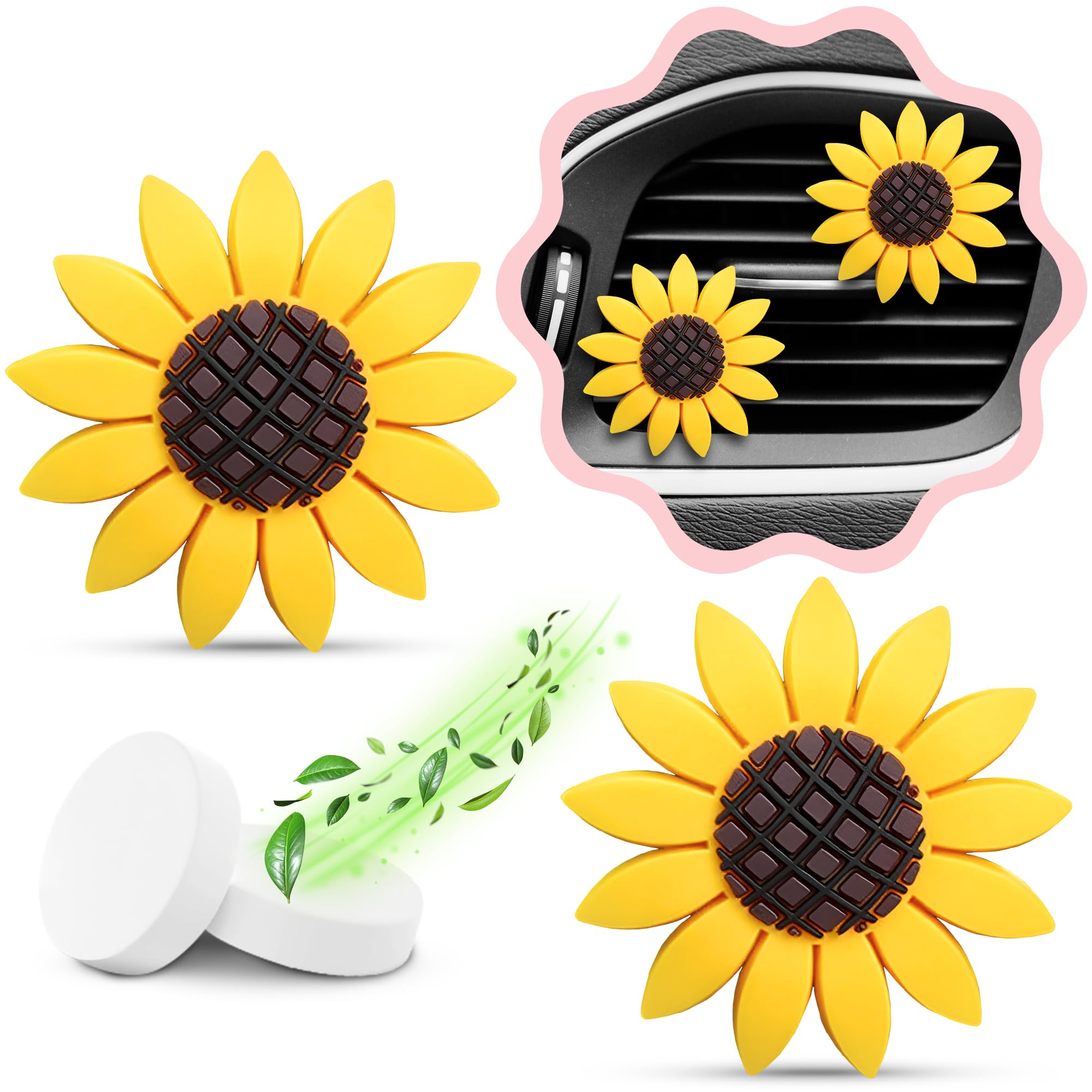2 Pack Sunflower Car Air Freshener Vent Clips - Cute Floral Car Accessories for Women, Sunflower Decor for Car Interior, Perfect Gift for Mom, Wife, Friends - Great for Summer Road Trips & Office Commute