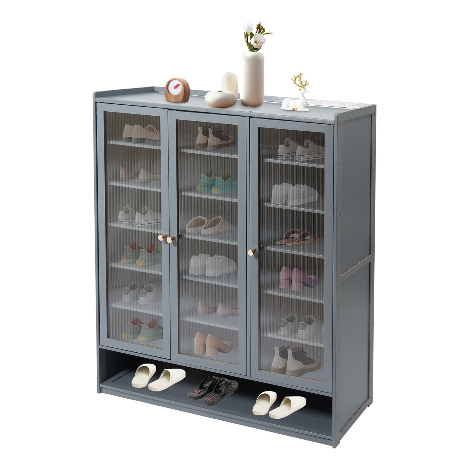 8-Tier Shoe Storage Cabinet with 3 Doors - Freestanding Shoe Rack Organizer for Entryway, Hallway, Closet & Bedroom - Multifunctional Haze Blue Shoe Shelf (35.8