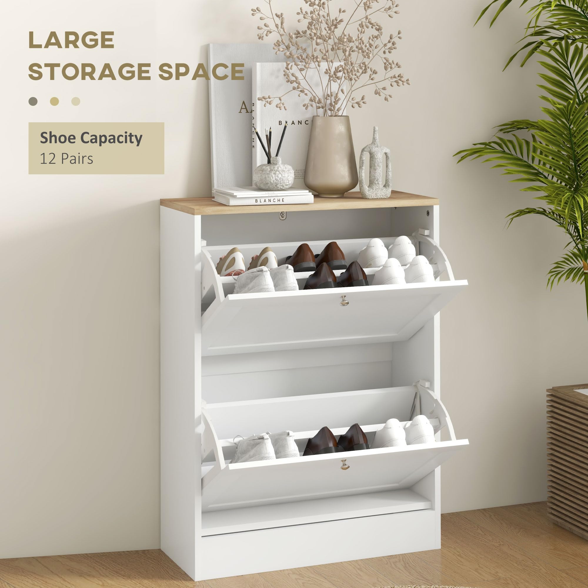 HOMCOM Modern Slim Shoe Storage Cabinet with 2 Flip Drawers & Adjustable Shelves - Holds 12 Pairs of Shoes - White Entryway Organizer for Hallway, Bedroom or Closet Space Saving Solution