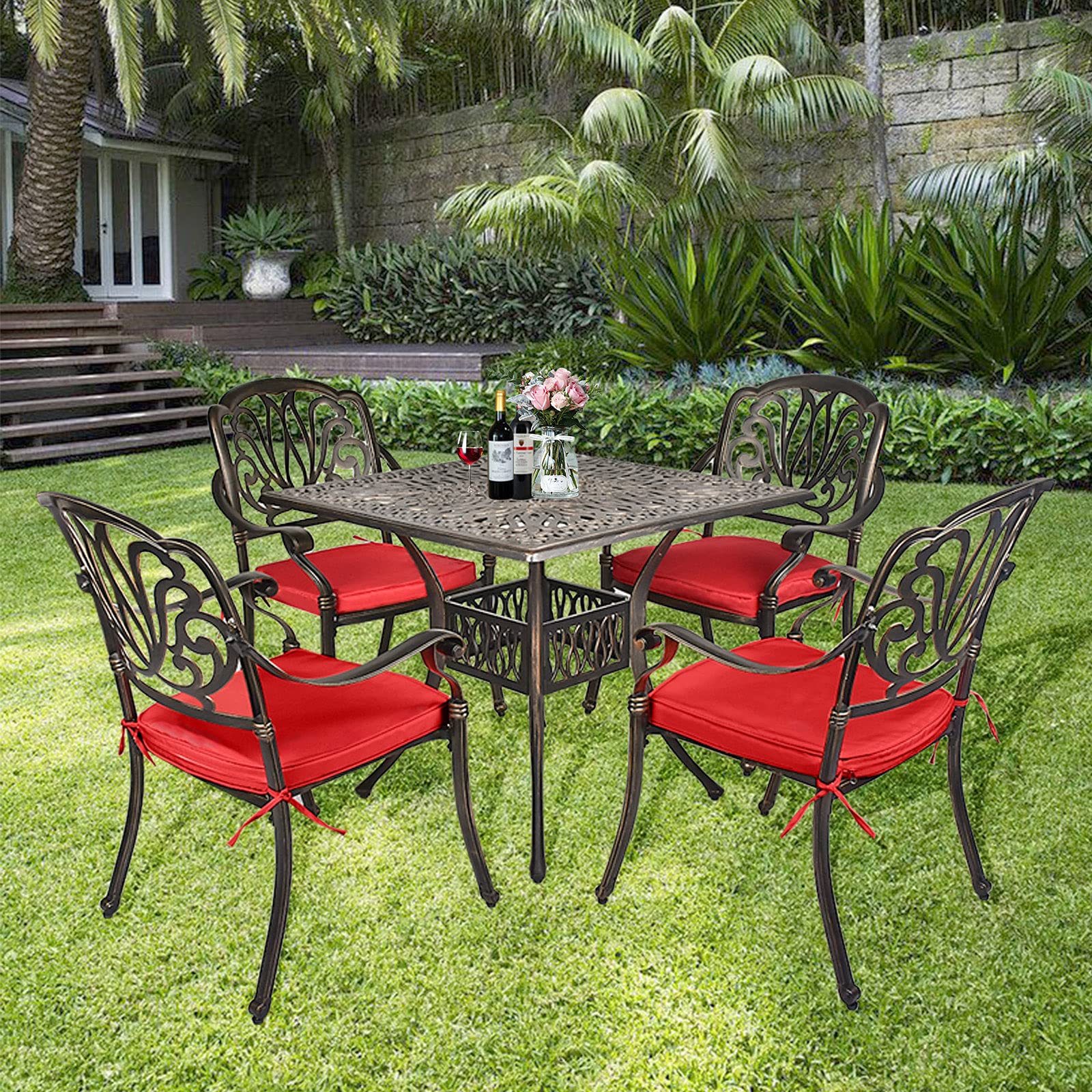 TITIMO 5-Piece Cast Aluminum Outdoor Patio Dining Set with Cushions - 35.4