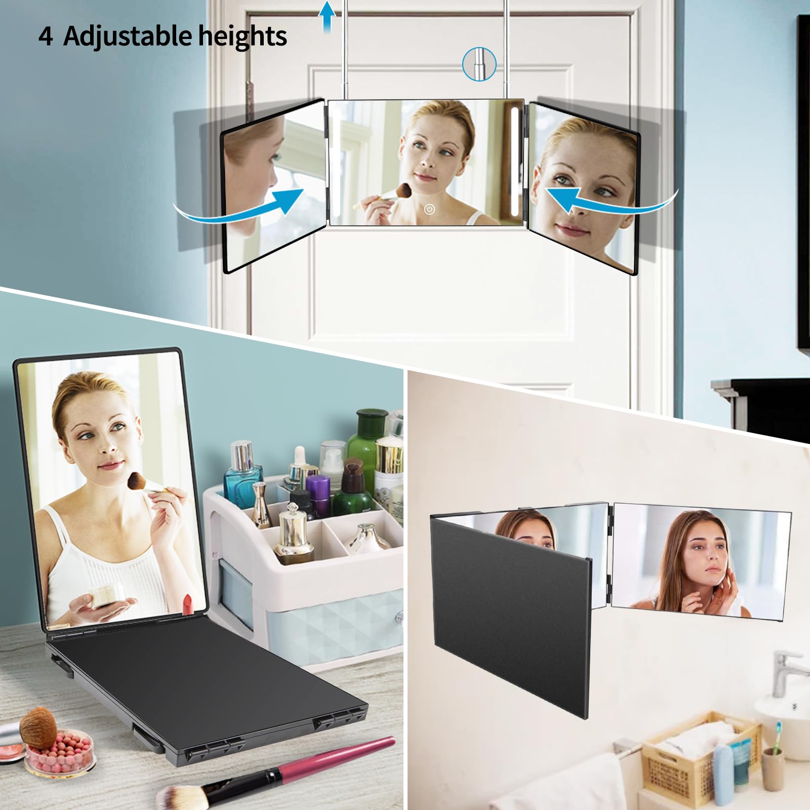 360° LED Lighted Trifold Mirror for Hair Cutting, Makeup & Styling - Rechargeable 3-Way Barber Mirror with Adjustable Angles, Perfect for Home Salon, Professional Styling & Unique Gifts for Men/Women