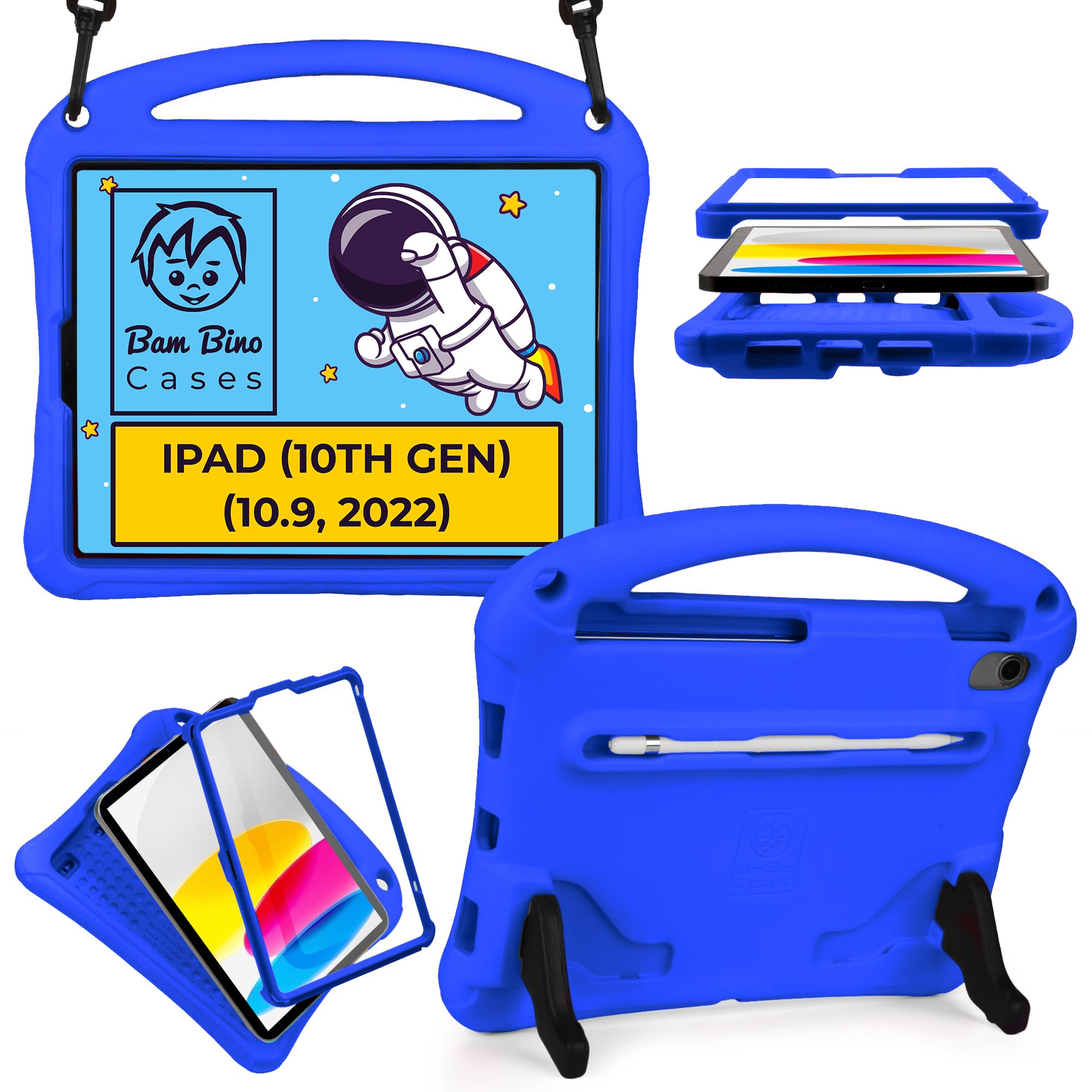 Bam Bino Space Suit iPad 10th Generation Case for Kids - Shockproof Protective Cover with Built-in Screen Protector, Pencil Holder, Handle & Adjustable Shoulder Strap | Perfect for School, Travel & Outdoor Adventures (Compatible with iPad 10th Gen, Not for iPad Air 5/4)