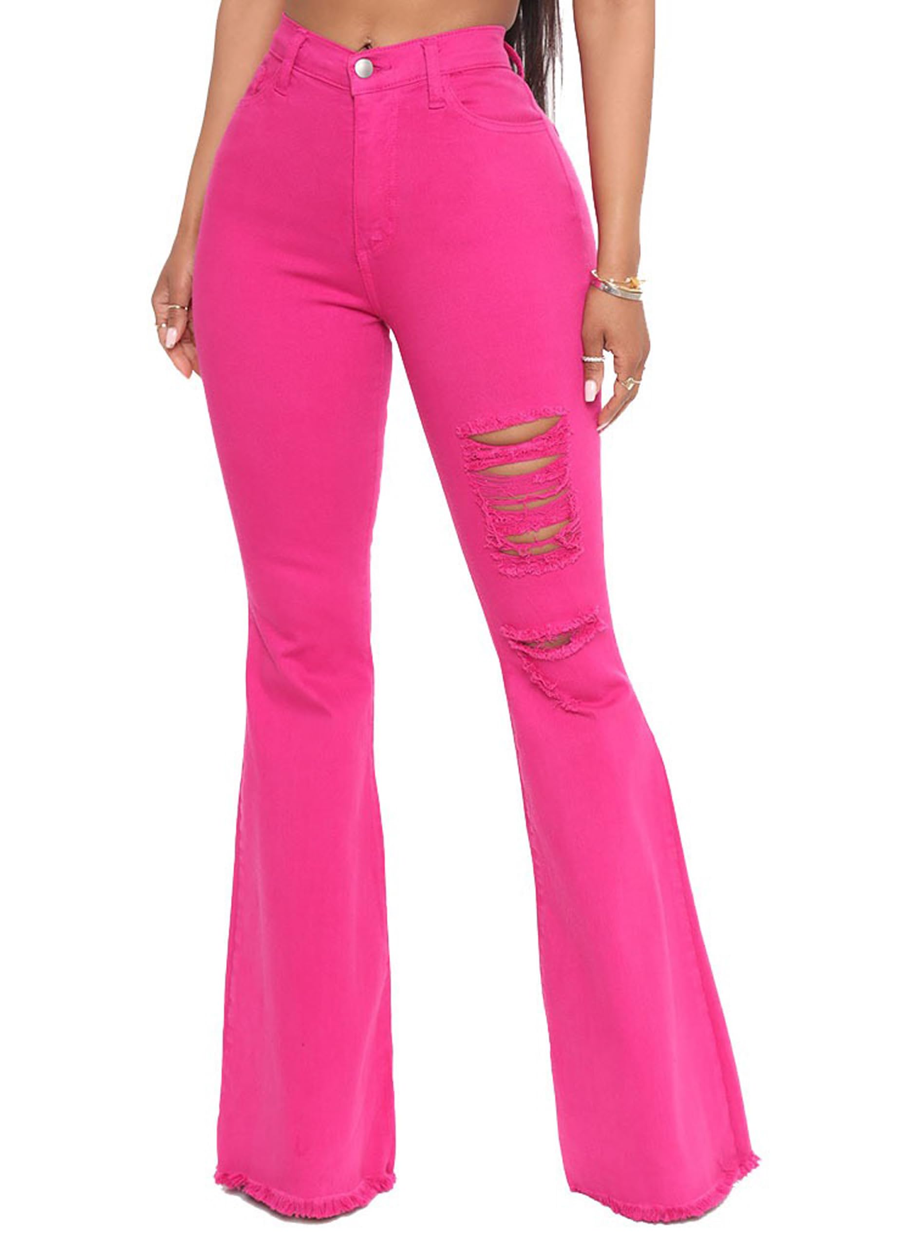 Vintage 70s Women's Flare Bell Bottom Jeans - High Waisted Destroyed Denim Pants in Rose Red (Size Large) | Retro Fashion, Casual Outfits & Hippie Style for Women