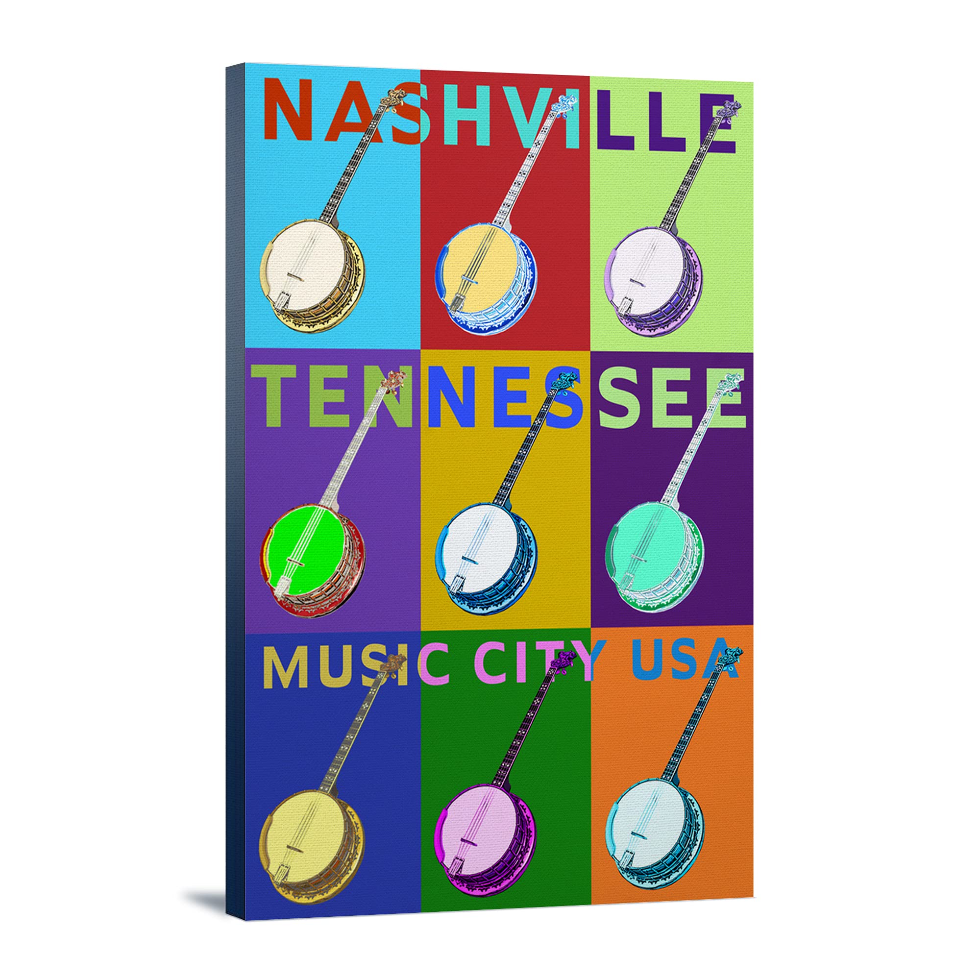 Nashville Tennessee Banjo Pop Art - 24x36 Gallery Wrapped Stretched Canvas Wall Decor for Music Lovers & Country Home Decor