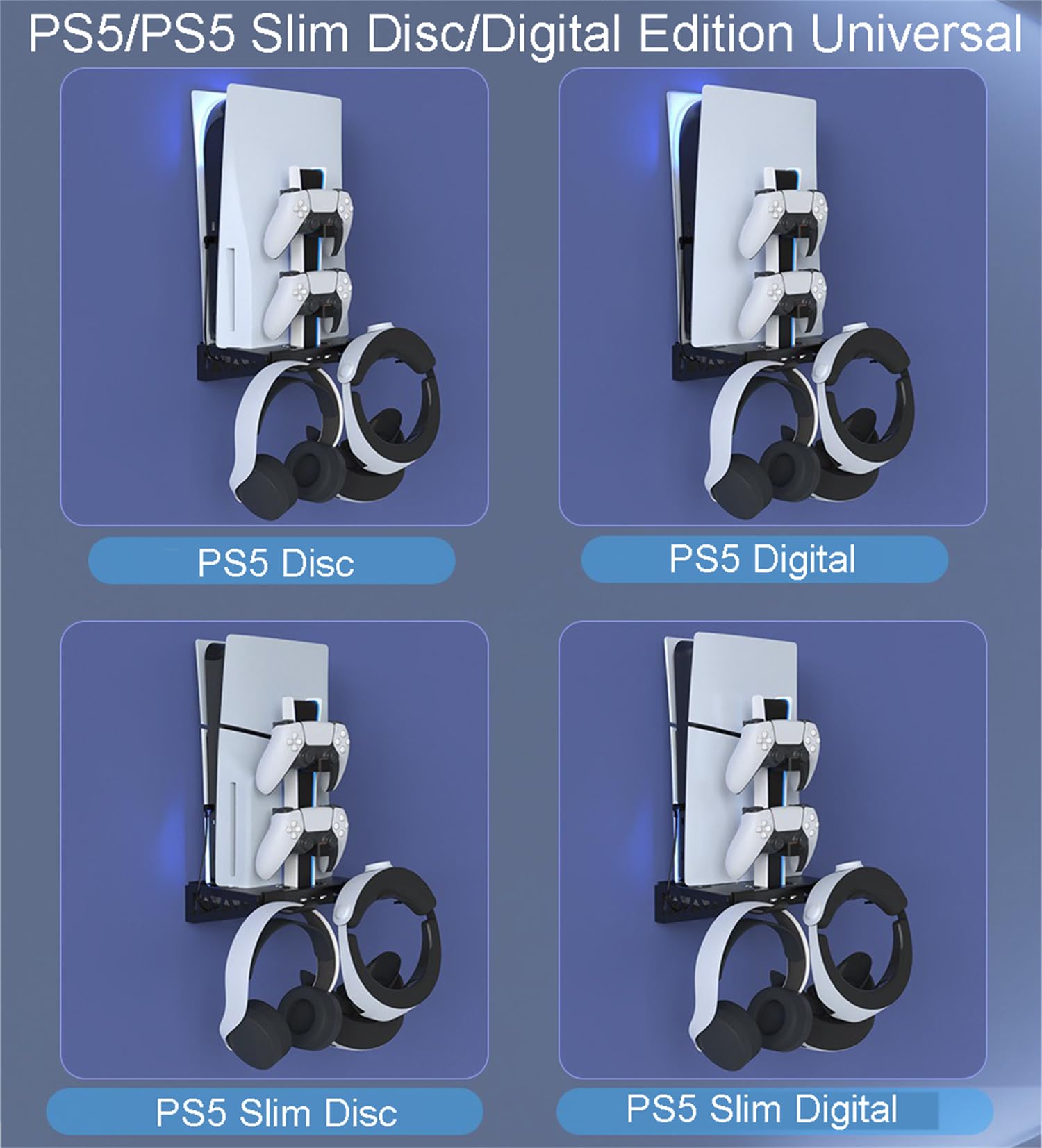 Scosao PS5/PS5 Slim Wall Mount with Charging Station & Cooling System - Steel Wall Mount Bracket for PS5/PS5 Slim (Optical & Digital Edition) - Perfect for Gaming Rooms & Small Spaces