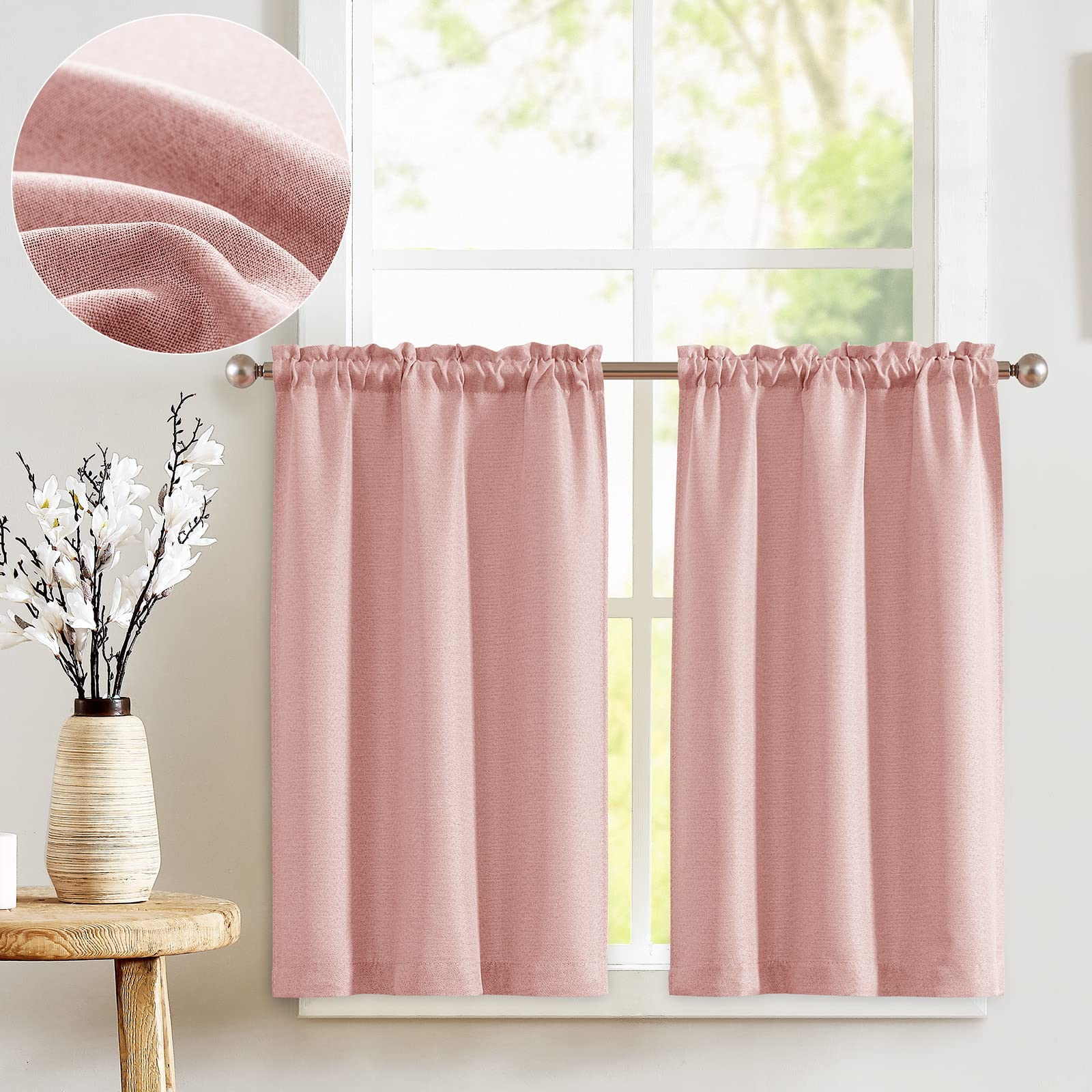 Jinchan Linen Textured Kitchen Curtains - Rod Pocket Tier Cafe Curtains, Flax Linen Look Window Treatments for Kitchen & Living Room (2 Panels, 24