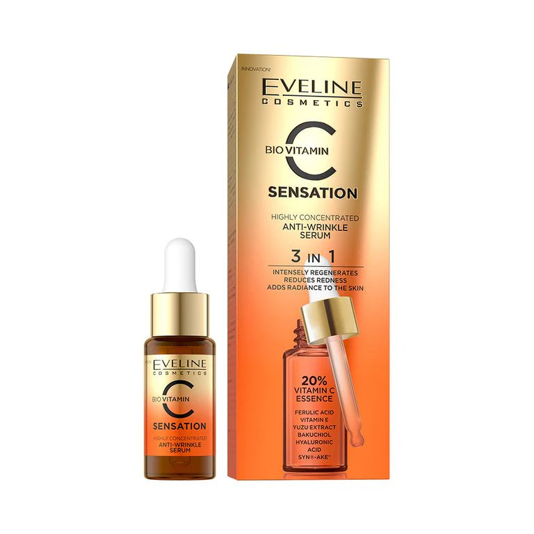 EVELINE COSMETICS Sensation C Anti-Wrinkle Face Serum - 3-in-1 Formula for Skin Regeneration, Redness Reduction & Radiance Boost | Hydrating, Moisturizing & Antioxidant Protection (18ml) | Perfect for Daily Skincare Routine & Anti-Aging Treatment