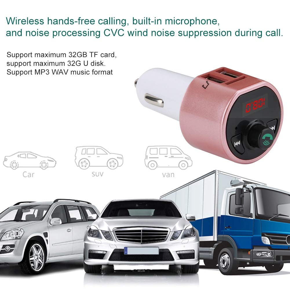Kafuty Wireless Bluetooth Car Audio Transmitter - Hands-Free Calling, FM Radio Adapter with Dual USB Charging Ports & USB Drive Support for MP3 Playback (Pink) | Perfect for Road Trips, Commuting & In-Car Entertainment