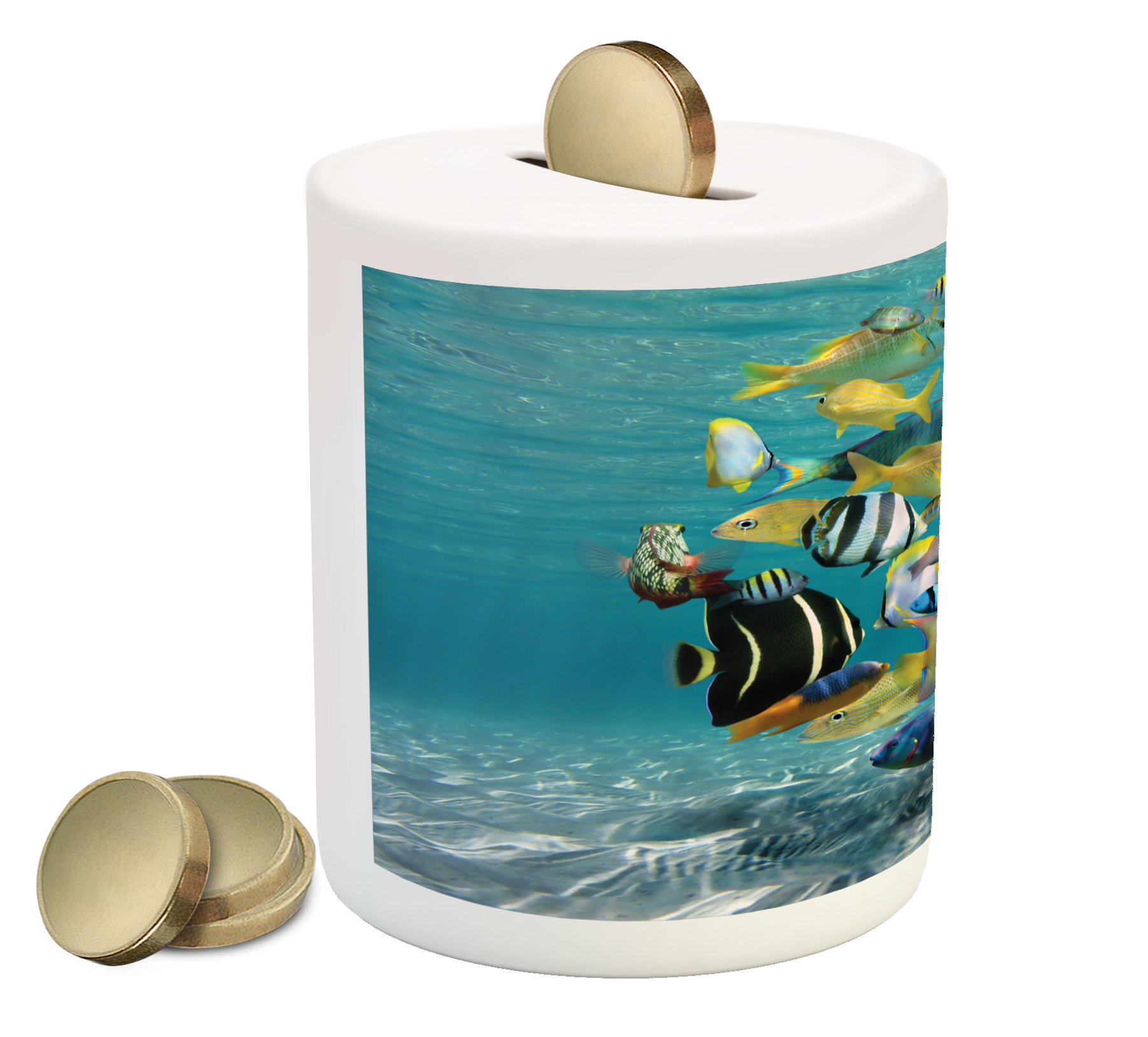 Ambesonne Ceramic Fish Piggy Bank - Colorful Caribbean Ocean Design with Shoal of Fish Circle, Money Saving Coin Bank for Kids & Adults | Perfect Gift for Birthday, Home Decor, and Savings Motivation