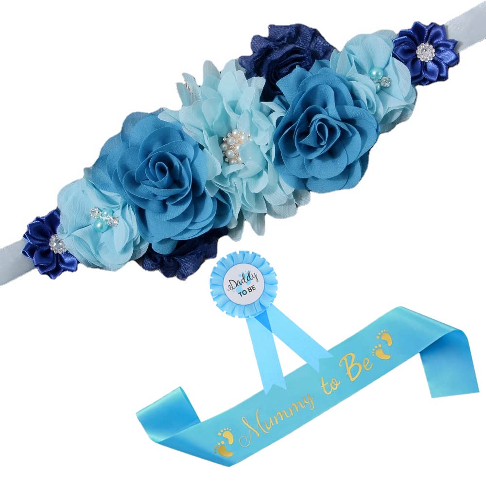 Blue Maternity Sash Belt - Floral Pregnancy Belt for Baby Showers, Bridesmaids & Expecting Moms | Comfortable & Stylish Accessory for Special Occasions