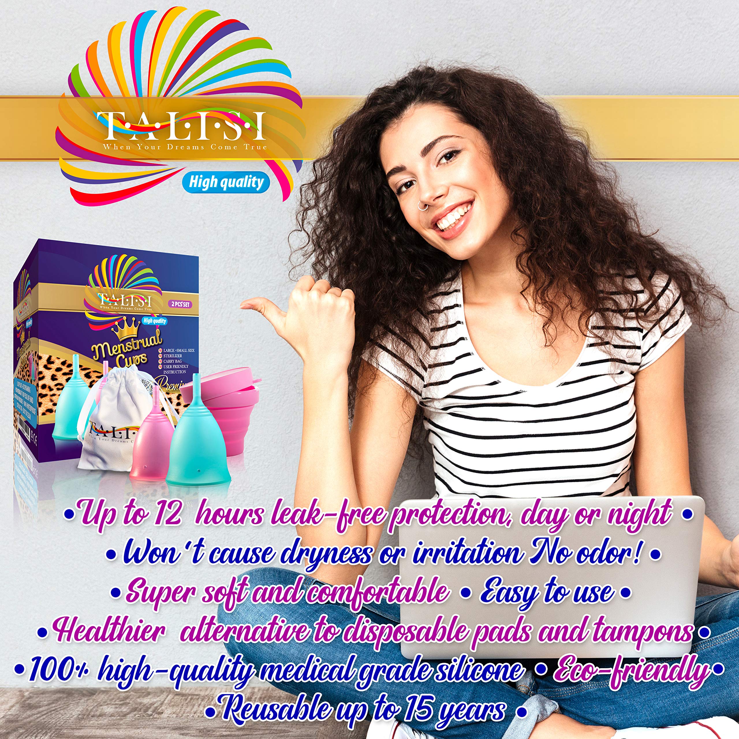 Talisi Reusable Menstrual Cups Set of 2 - Soft Flexible Period Cups for Women (Small & Large Size) | Includes Collapsible Sterilizer | Eco-Friendly Alternative to Tampons & Pads | Ideal for Regular & Heavy Flow | Perfect for Travel, Gym & Active Lifestyles