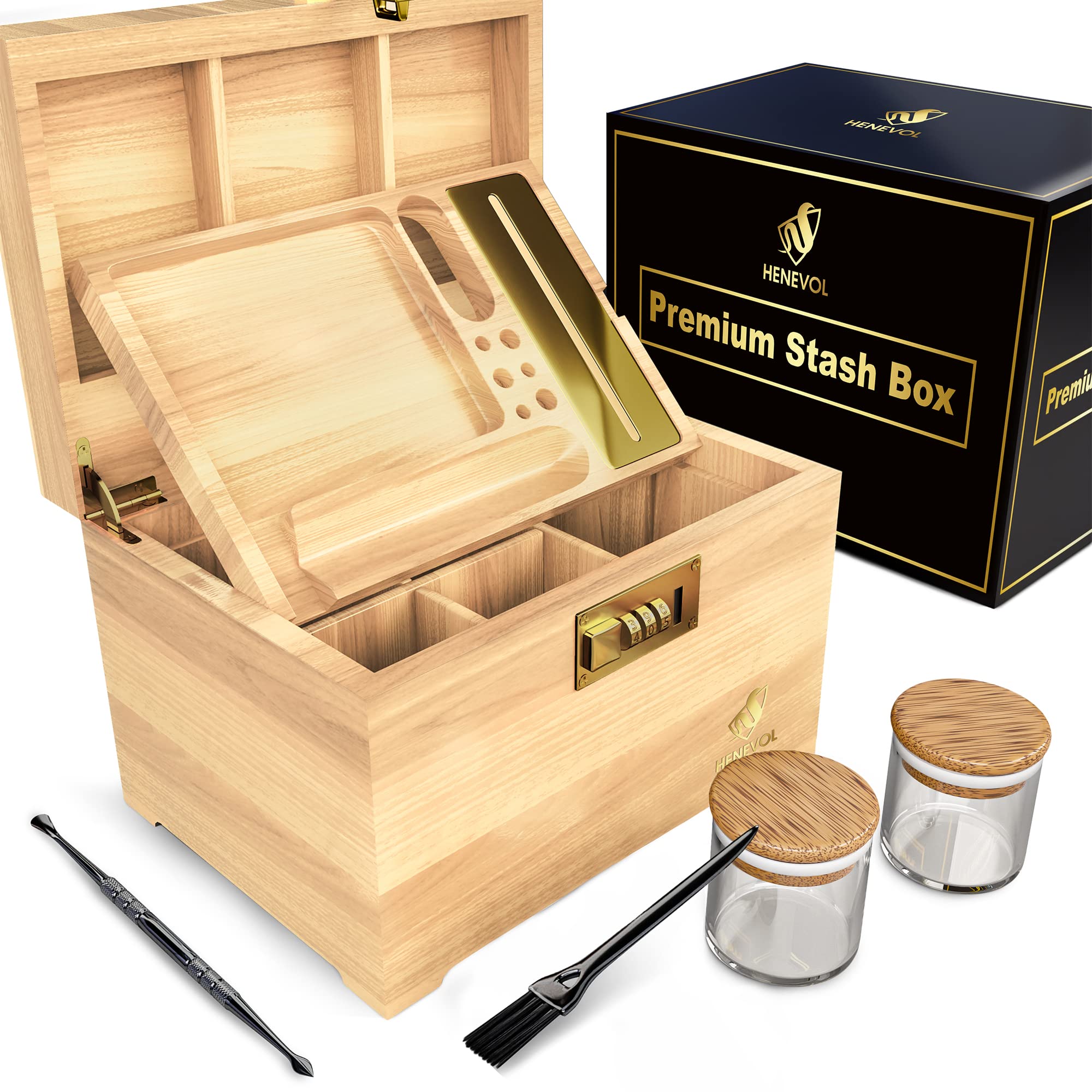 Premium Large Smell Proof Stash Box with Rolling Tray & Combination Lock - Wooden Storage Container for Herbs, Accessories & More - Perfect for Travel, Home Organization & Discreet Storage (Natural)