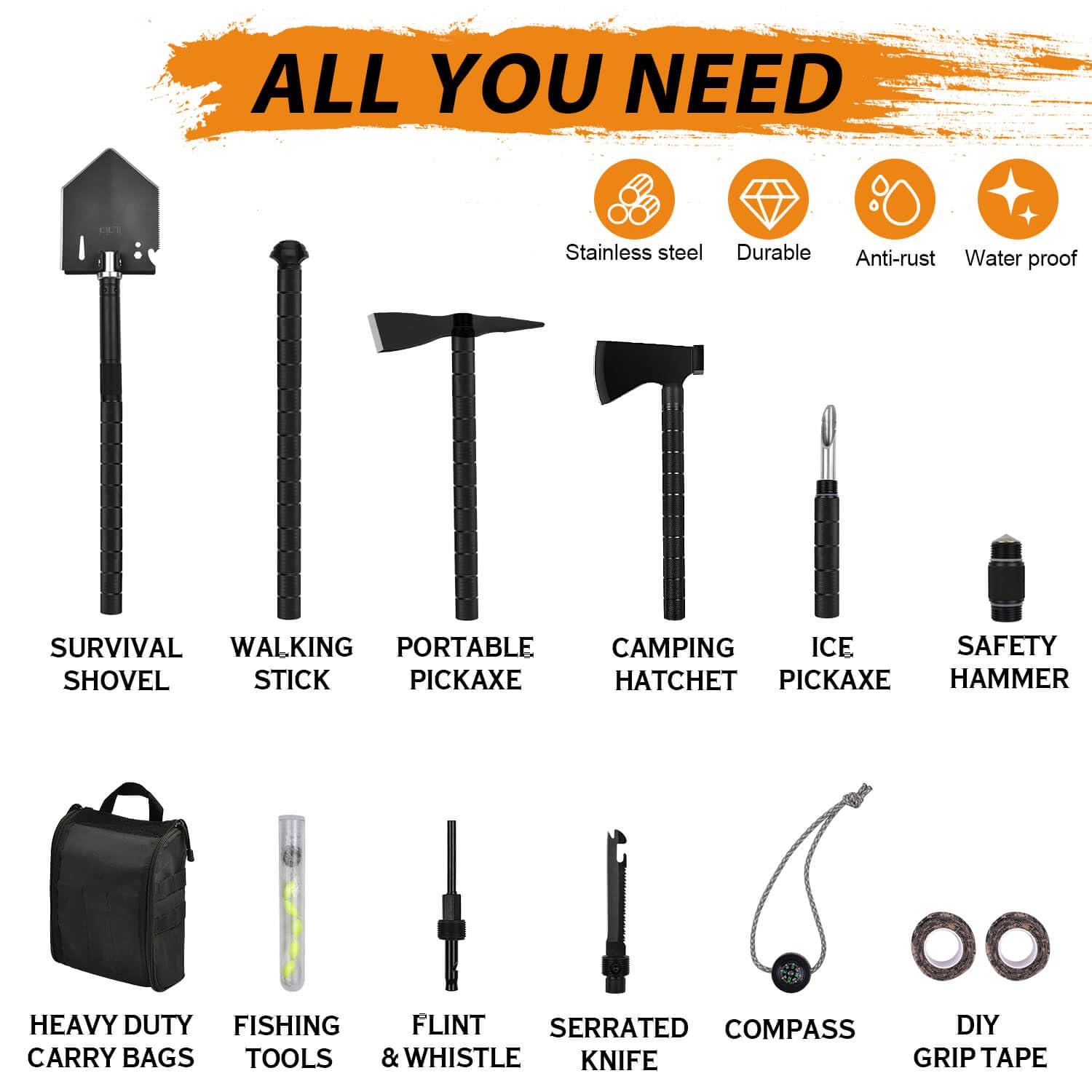 IUNIO 12-in-1 Survival Kit with Folding Shovel, Camping Axe, Multitool & Pickaxe - Heavy Duty Off-Road Tools for Outdoor Adventures, Hiking, Camping & Car Emergency (Upgrade Black) - Includes Durable Carrying Bag