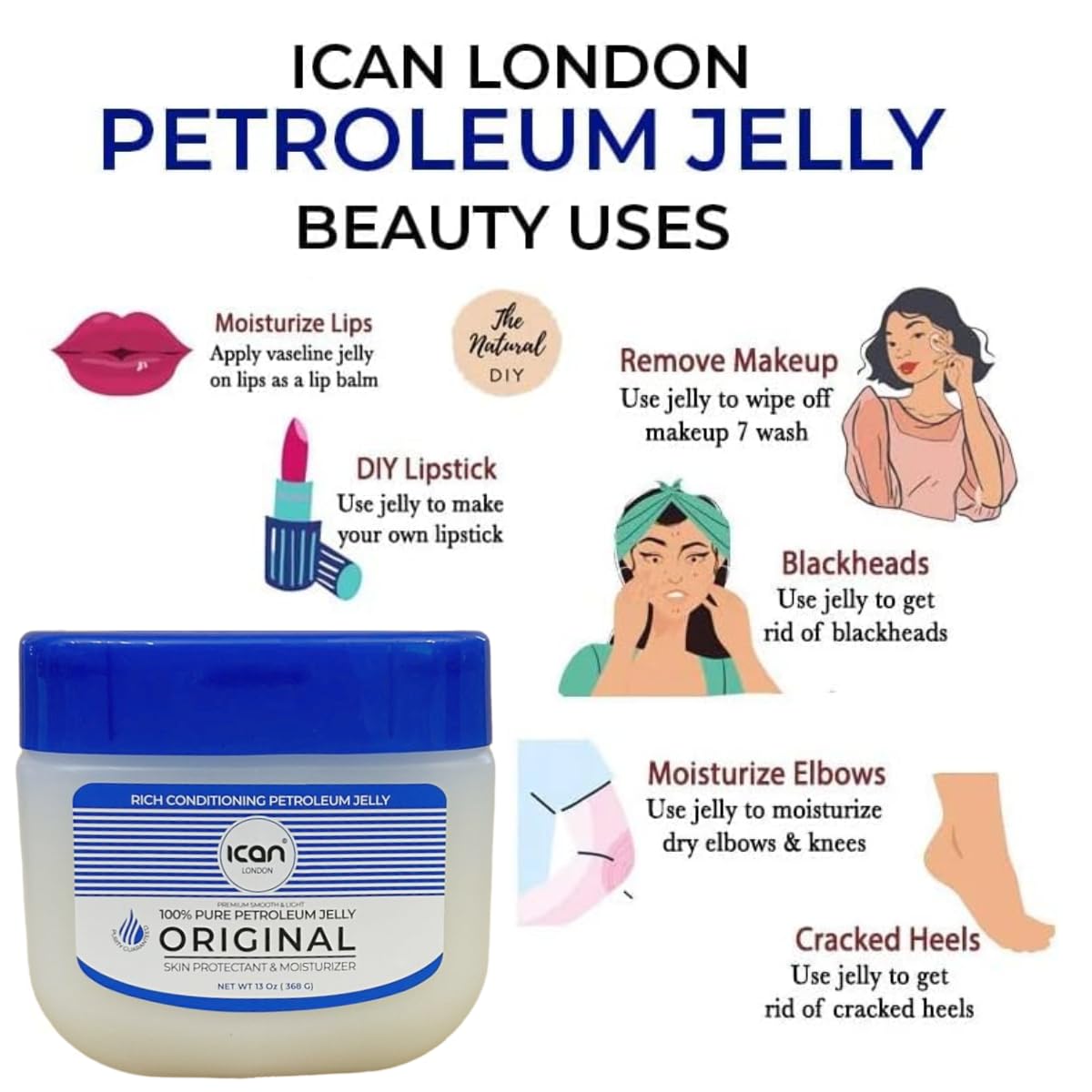 ICAN LONDON 100% Pure Petroleum Jelly Original 368g (13oz) - Multipurpose Skin Protectant for Dry Lips, Hands & Face | First Aid Ointment for Cuts & Burns
