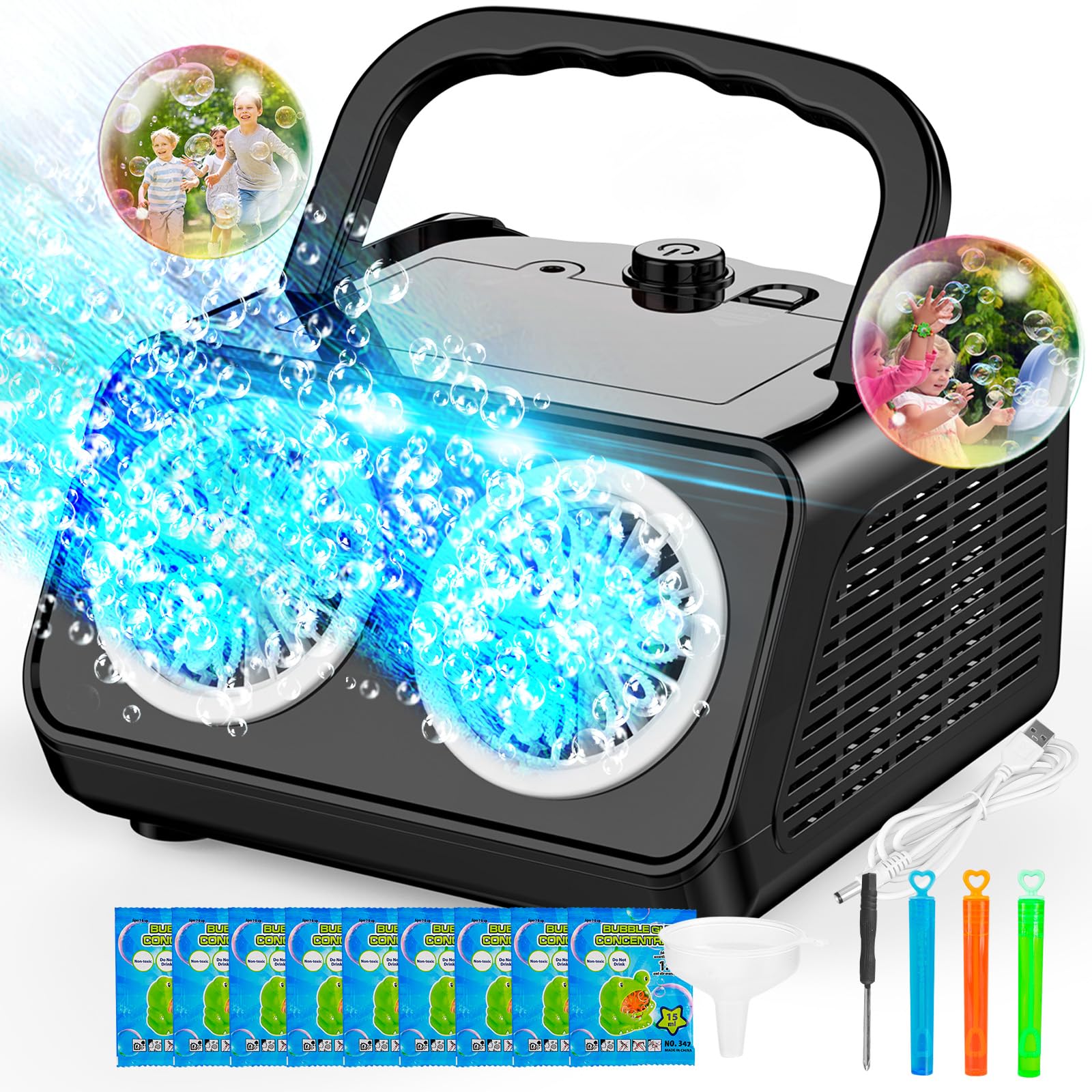 SHCKE Automatic Bubble Machine - Upgraded Bubble Blower with Dual Fans, 20000+ Bubbles Per Minute | Portable Bubble Maker for Kids (Battery & Plugin Powered) | Perfect for Summer Outdoor Parties, Birthday Celebrations, Backyard Fun & Poolside Entertainment