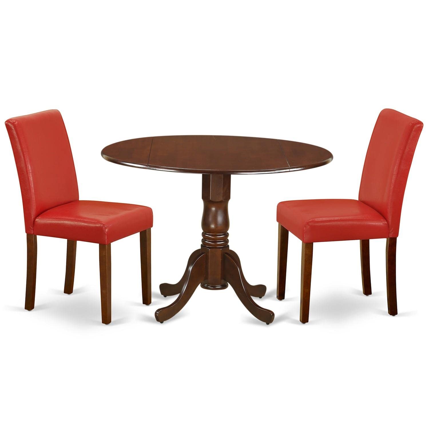 East West Furniture DLAB3-MAH-72 3-Piece Round Kitchen Dining Table Set with Drop Leaf & 2 Faux Leather Chairs - 42x42 Inch, Mahogany Finish - Perfect for Small Spaces, Breakfast Nooks & Cozy Apartments