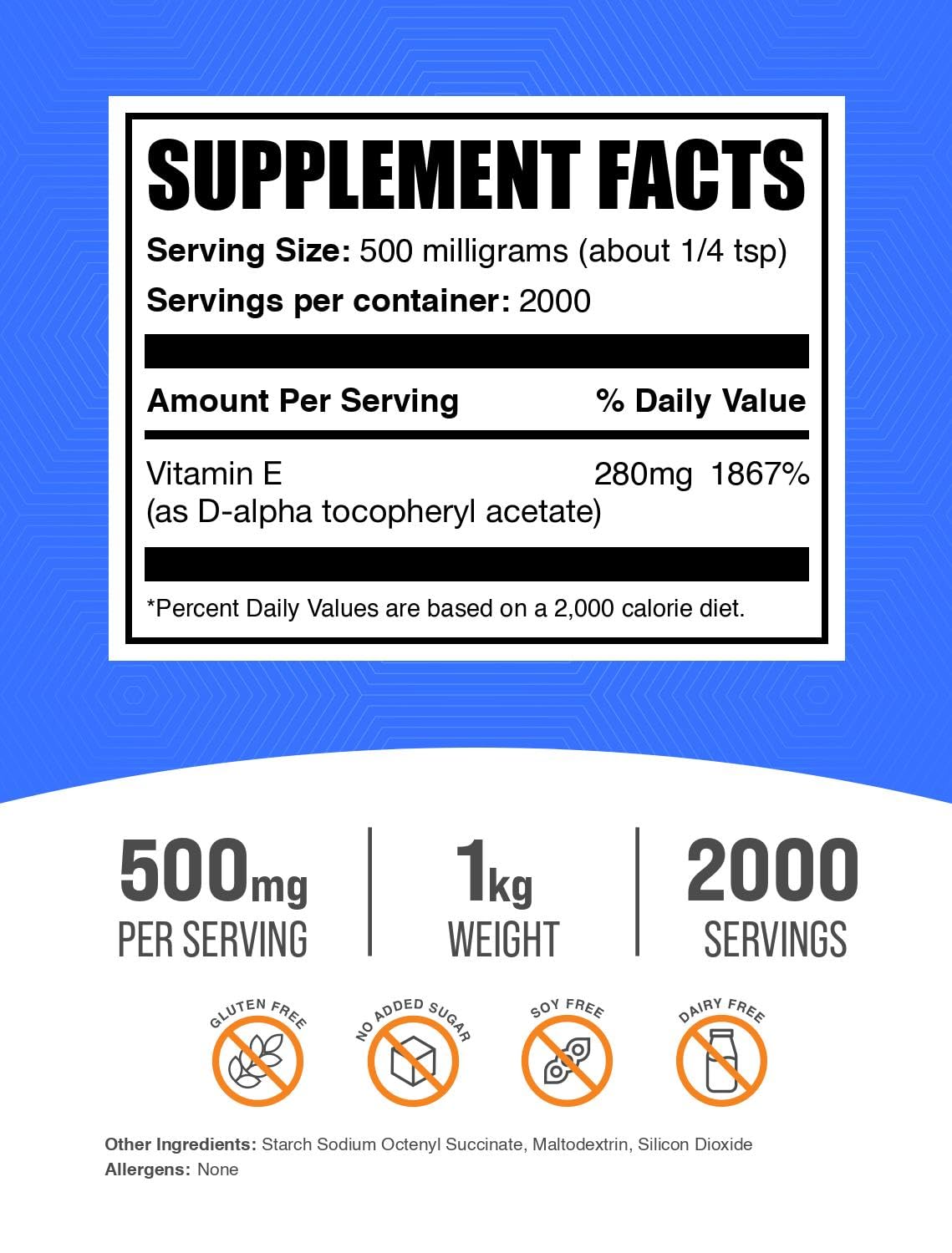 BulkSupplements Vitamin E 400 IU Powder - D-Alpha Tocopherol, Gluten Free Vitamin E Supplement, 500mg per Serving, 1kg (2.2 lbs) - Supports Skin Health, Immune System & Antioxidant Protection - Ideal for Smoothies, Baking & Daily Wellness Routine
