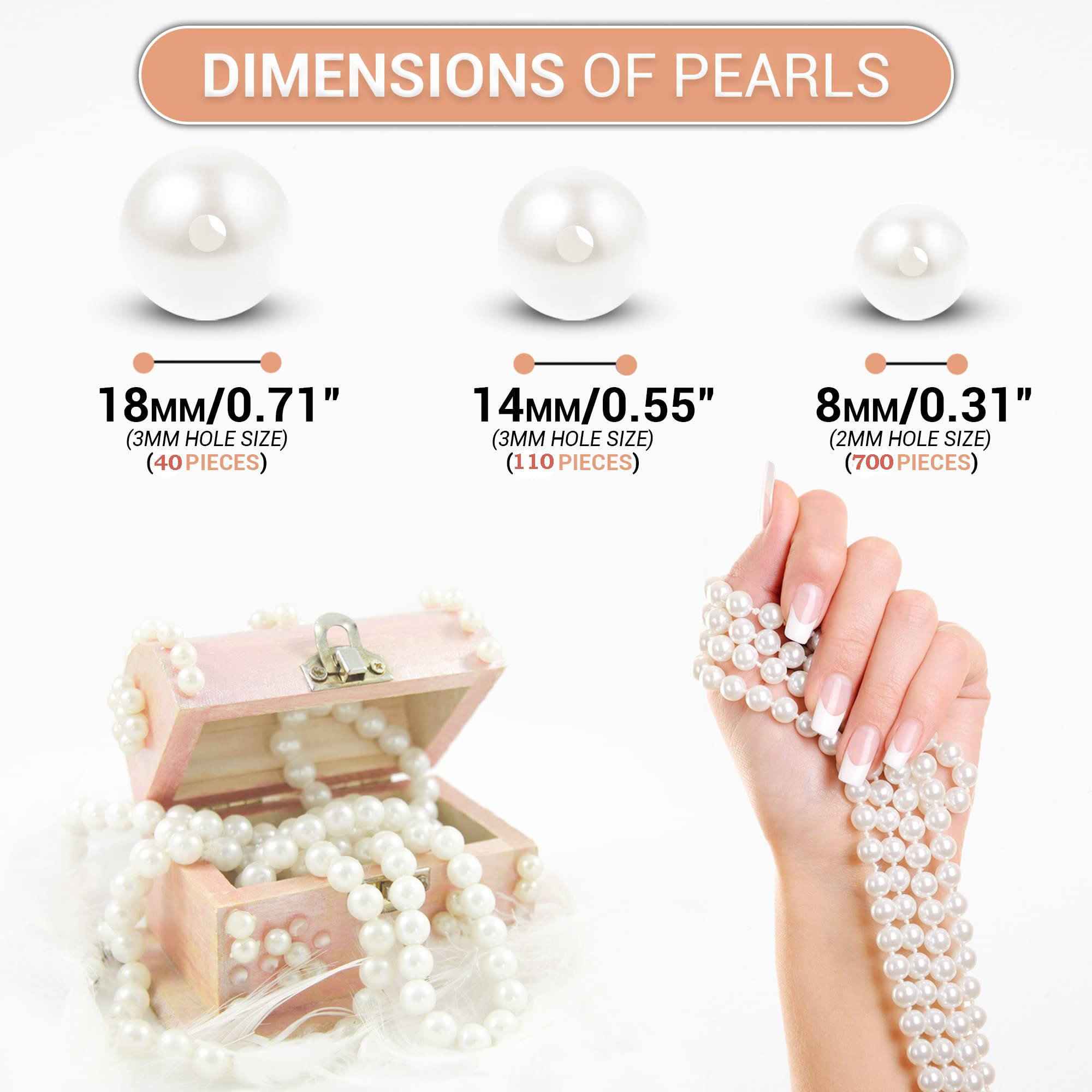 850 pcs 8mm-18mm White Pearl Beads for Jewelry Making, DIY Crafts, Vase Filler - Bulk Pearls Beads for Necklace, Bracelet, Home Decor & Wedding Centerpieces | LOLASATURDAYS