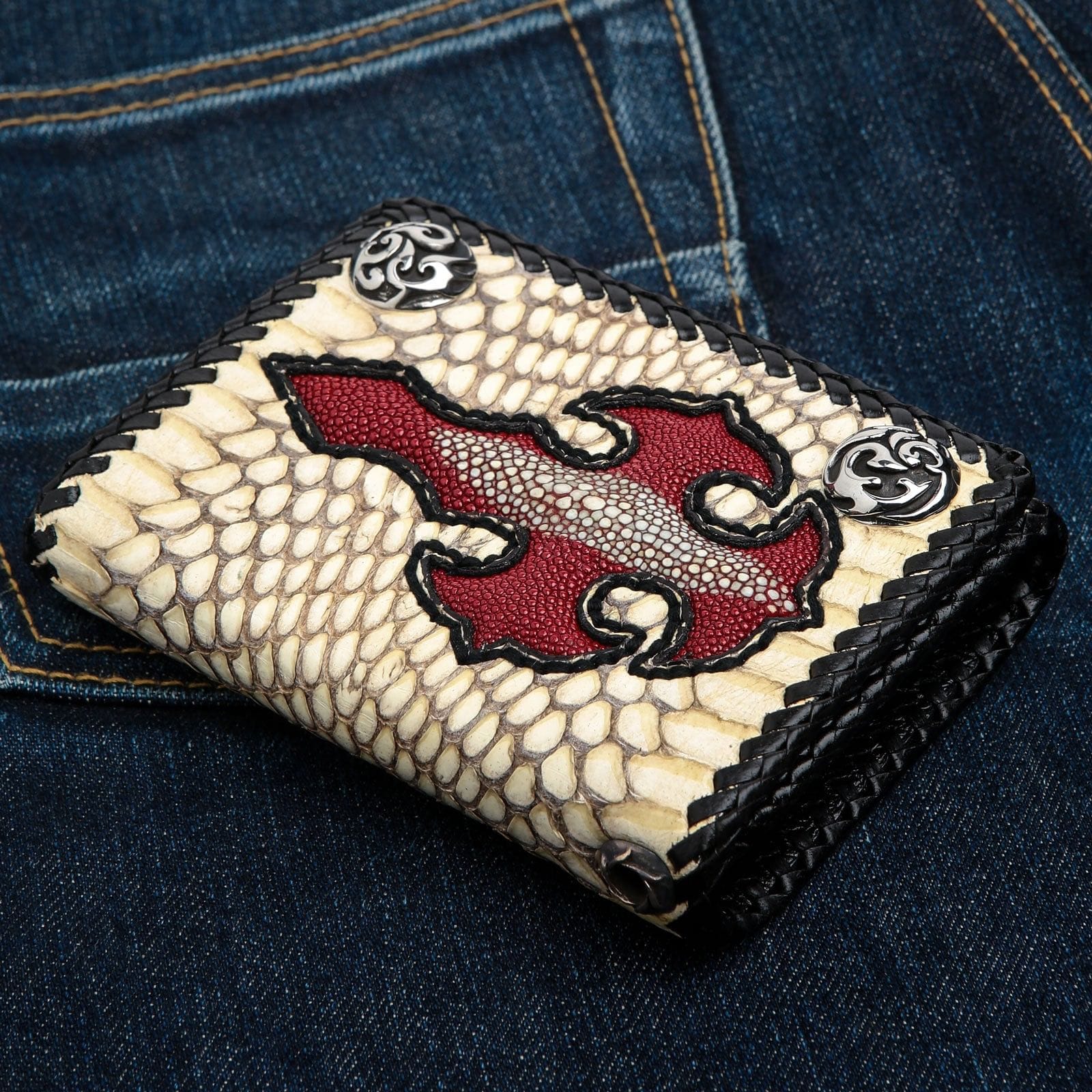 Genuine Cross Stingray Cobra Skin Leather Biker Wallet for Men - Stylish Slim RFID Blocking Bi-Fold Wallet - Perfect for Motorcycle Riders, Travel & Everyday Use