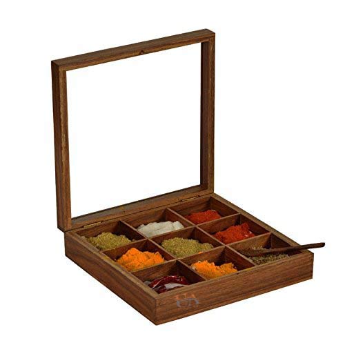 Handmade Wooden Multi-Compartment Square Spice Box - Premium Spice Storage Organizer for Kitchen Cabinet, Countertop, or Pantry | Perfect for Storing Spices, Herbs, Tea Bags, Jewelry & Small Essentials