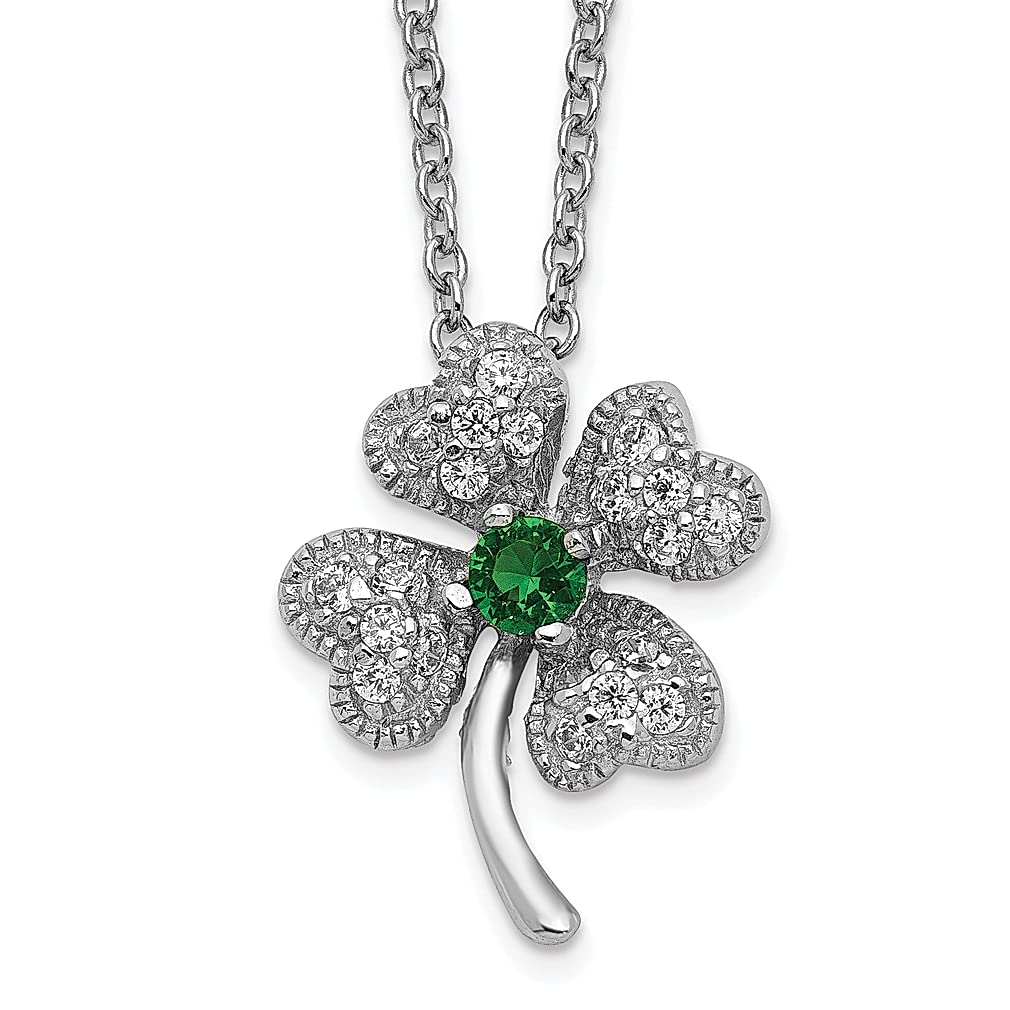 925 Sterling Silver Green Glass & White Cubic Zirconia Four Leaf Clover Necklace - 15 Inch Pendant Charm for Women, Elegant Flower Gardening Jewelry, Lucky Italian Horn Outdoor Gift for Her | Perfect for St. Patrick's Day, Birthday Gifts & Everyday Wear