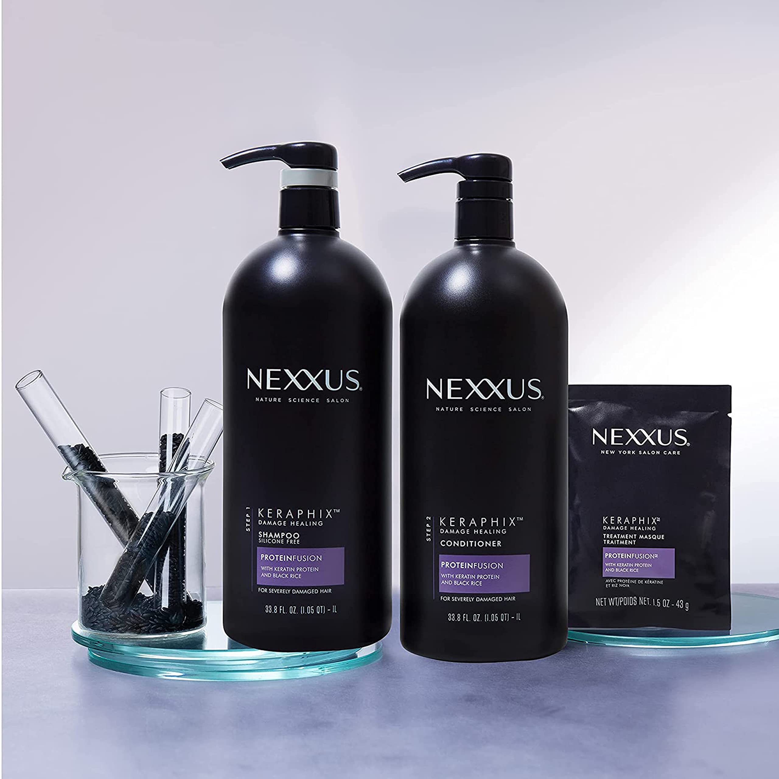 Nexxus Keraphix Shampoo & Conditioner Set - Keratin Protein & Black Rice Repair System for Damaged Hair - Includes 2 Shampoos, 3 Hair Masks (33.8 oz + 1.5 oz) - Deep Conditioning Treatment for Dry, Brittle Hair - Perfect for Salon-Quality Hair Care at Home