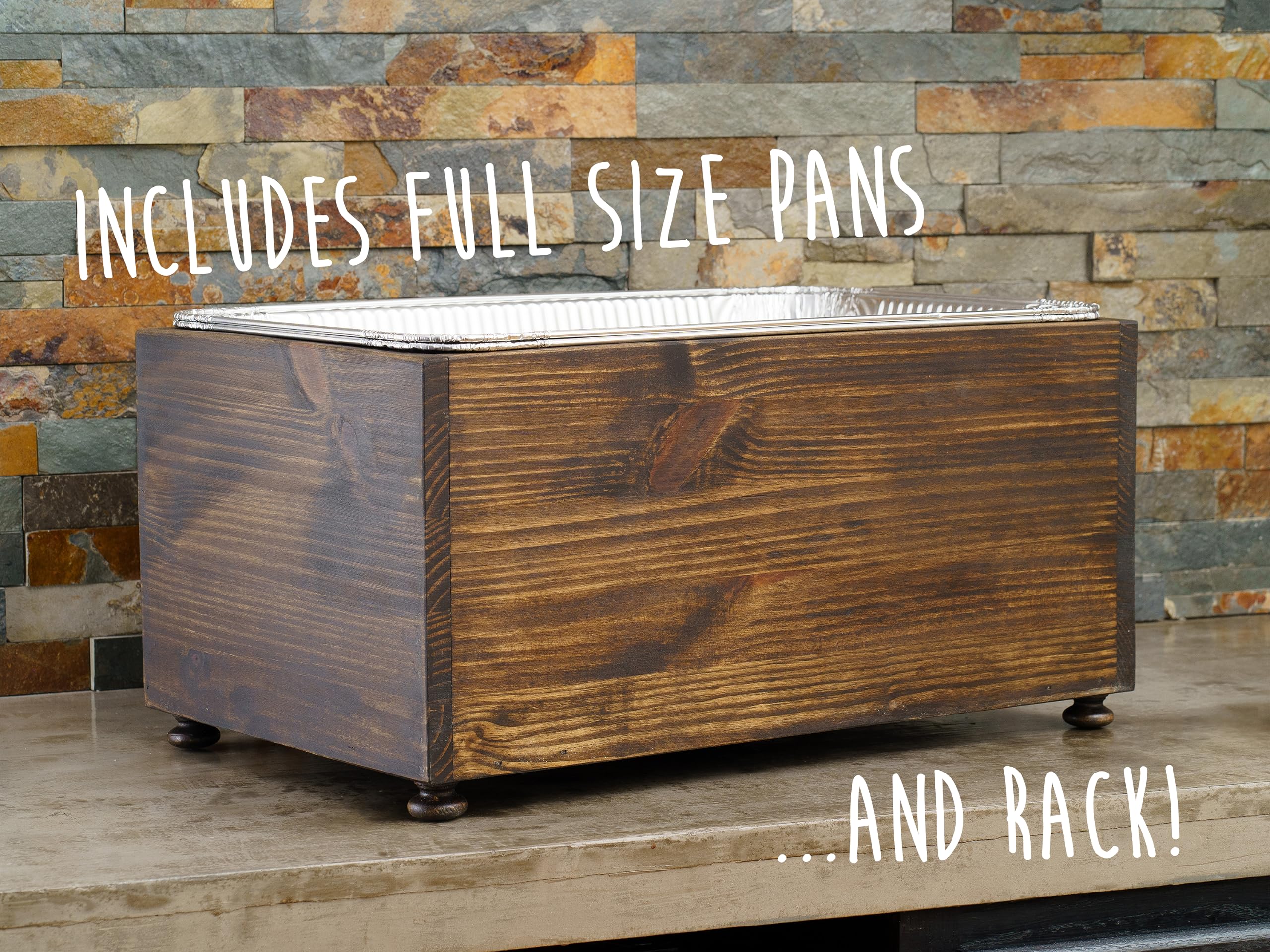 Full Size Wooden Chafing Dish Stand with Disposable Foil Pan Holder - Buffet Serving Rack for Catering, Farmhouse Events & Steam Table Pans - Includes Sterno Fuel Can Storage | Perfect for Weddings, Banquets & Outdoor Parties