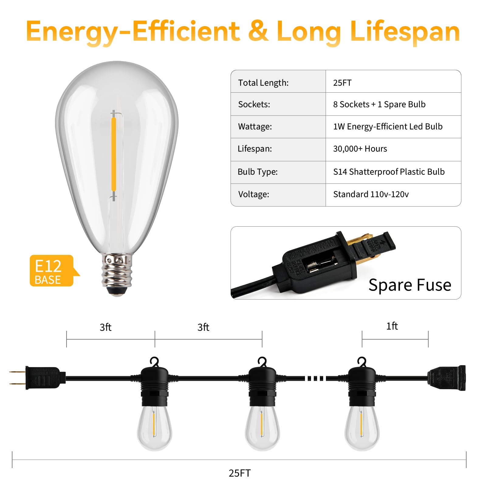 Waterproof 25FT LED Outdoor String Lights - Shatterproof S14 Bulbs, Dimmable & Linkable Patio Lights for Porch, Backyard, Garden, Balcony, Bistro & Commercial Use | Perfect for Outdoor Dining, Wedding Decor & Landscape Lighting