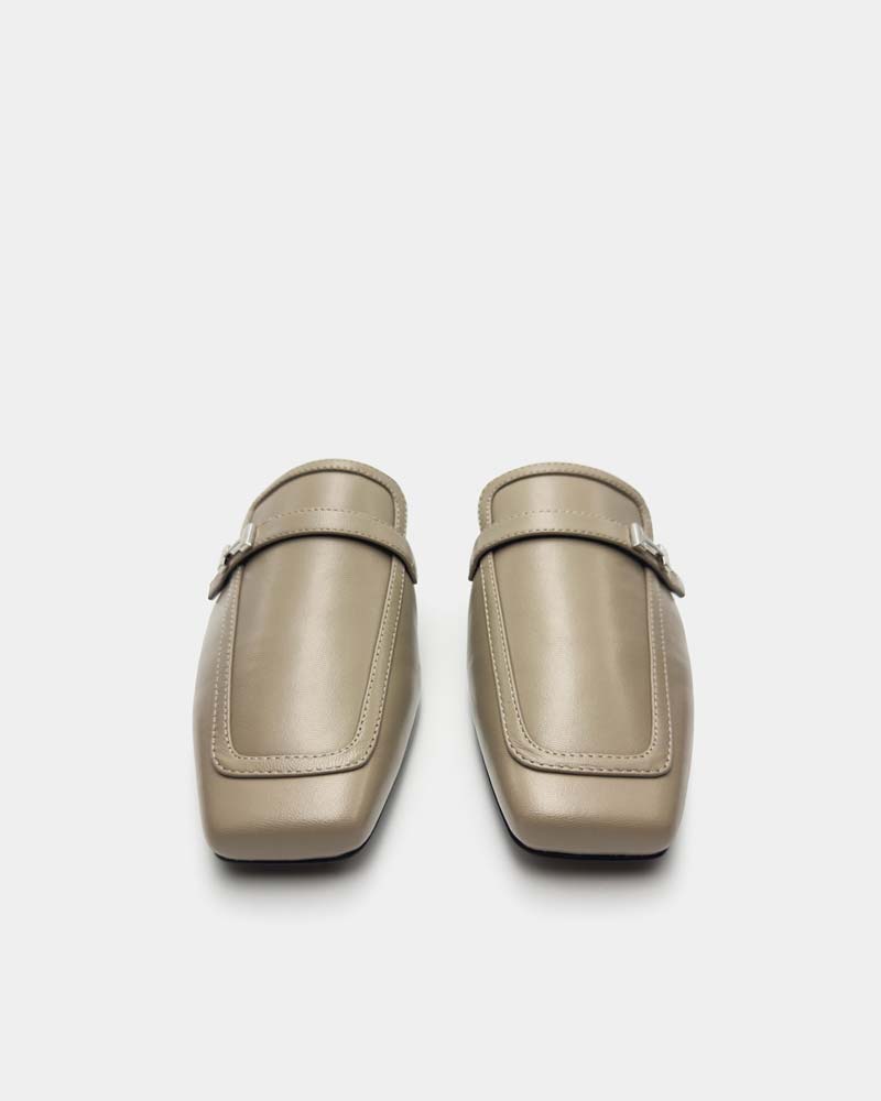 Khaki Leather Flat Loafer Mules for Women - Comfortable Slip-On Shoes for Casual Outfits, Office Wear & Everyday Use