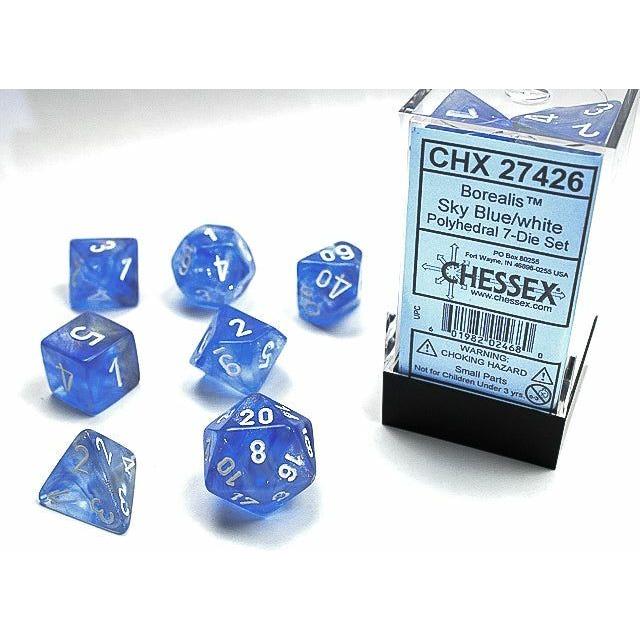 Premium 7-Piece Sky Blue & White Borealis Dice Set for D&D, RPG, and Board Games - Perfect for Tabletop Gaming, Collectors, and Role-Playing Enthusiasts