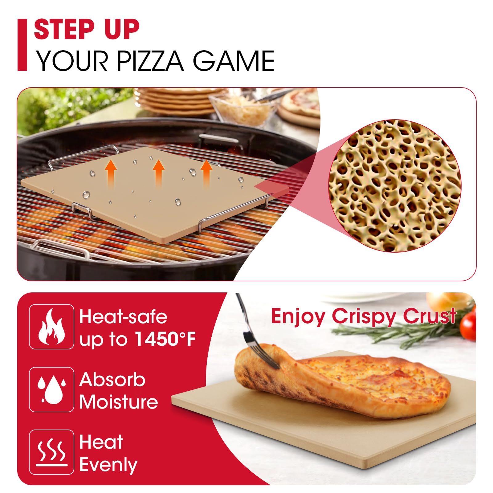 Unicook 16 x 14 Inch Cordierite Pizza Stone for Oven & Grill - Rectangular Baking Stone for Bread, Pizza, Cookies - Includes Carry Rack & Dough Scraper - Perfect for Home Baking, Outdoor BBQ & Restaurant Use