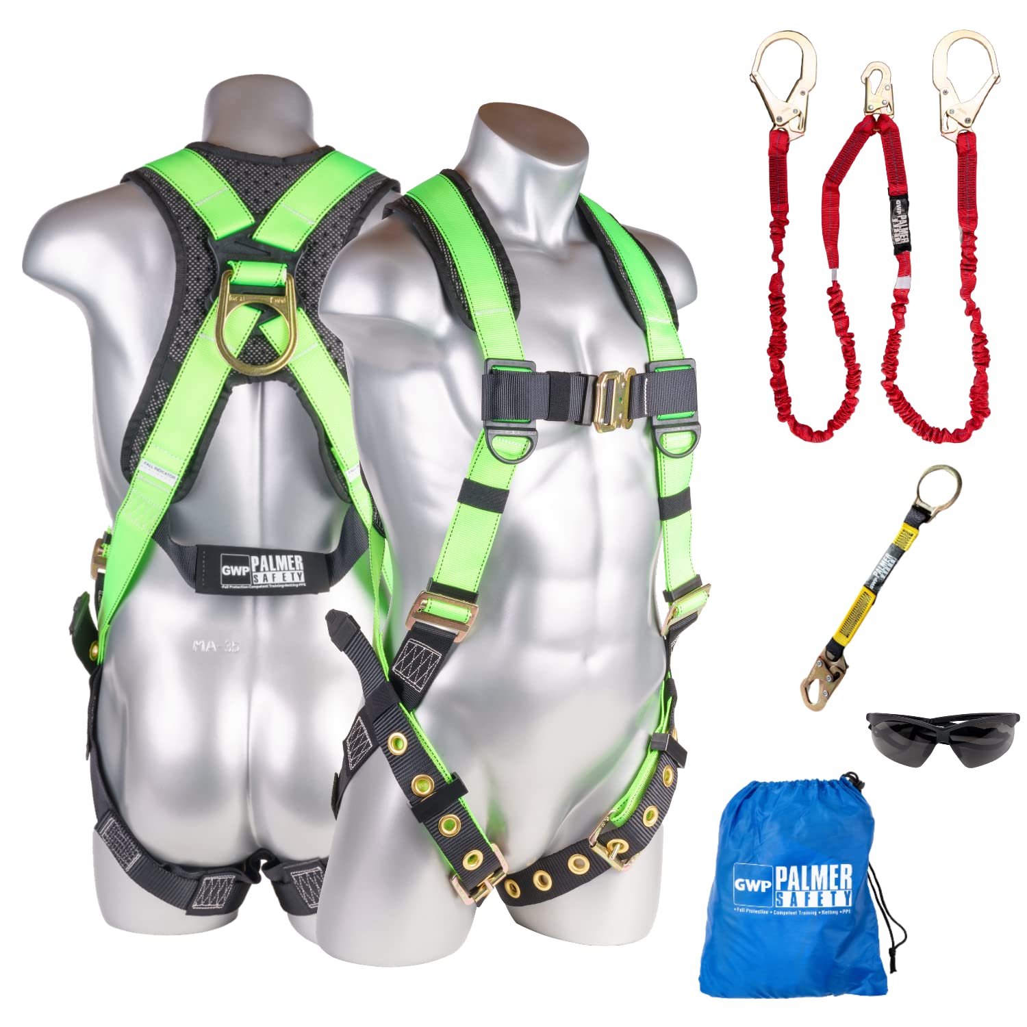 Palmer Safety Fall Protection Harness Kit - Construction Safety Harness with Adjustable Lanyard & D-Ring Extender | OSHA Compliant for Roofing, Scaffolding & Industrial Work