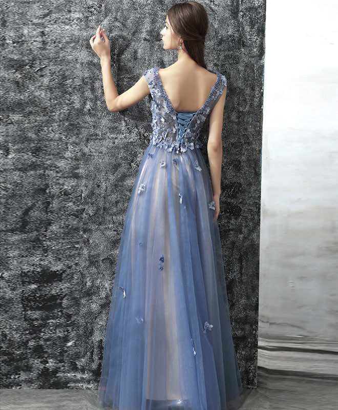 Elegant Blue Lace Applique Beads Tulle Long Prom Dress - Lace Evening Gown for Formal Events, Homecoming, Weddings & Special Occasions