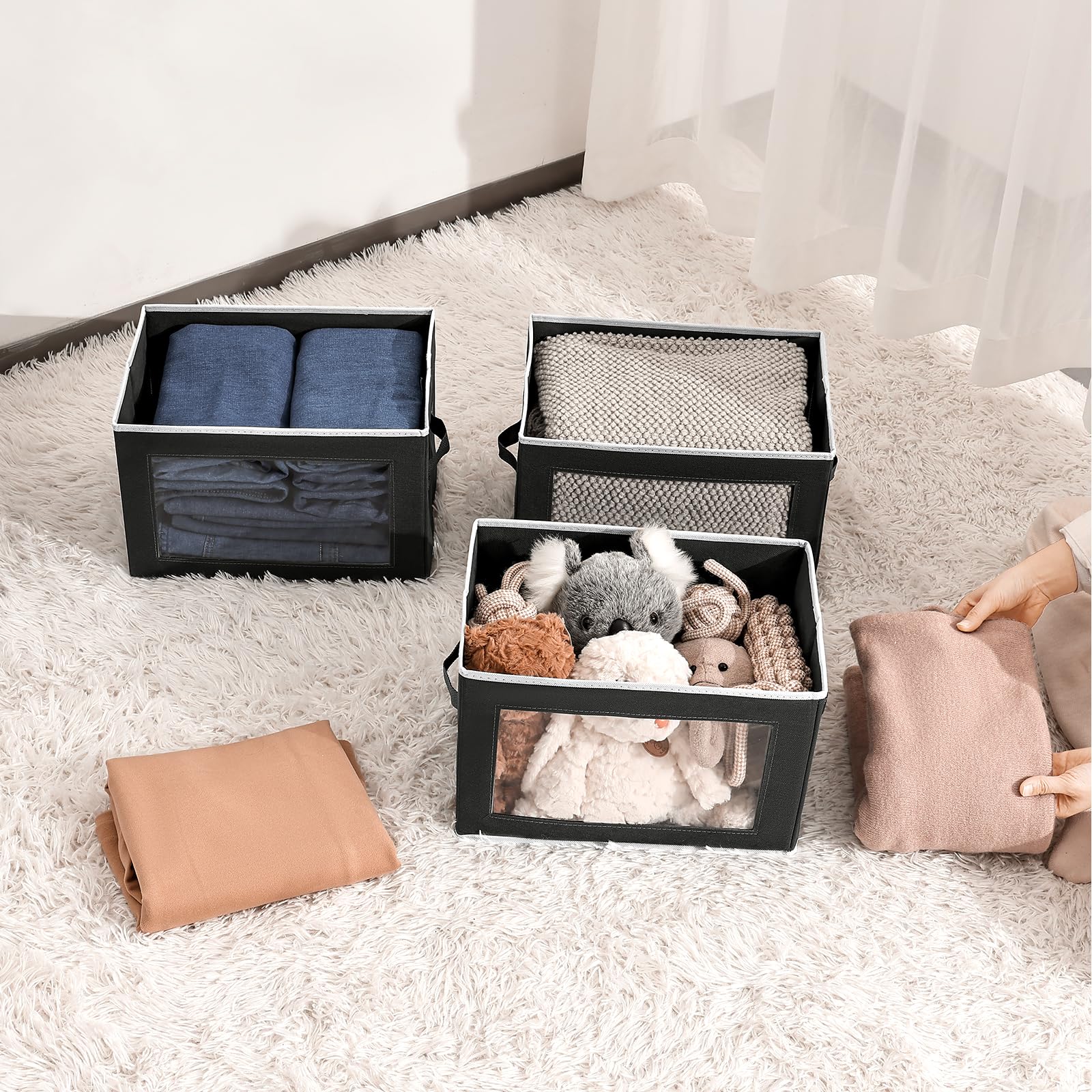 Collapsible Storage Bins with Lids & Handles - 3 Pack Fabric Closet Organizers with See-Through Window for Clothes, Towels, Books - Perfect for Bedroom, Closet, Nursery & Office Organization (Black)