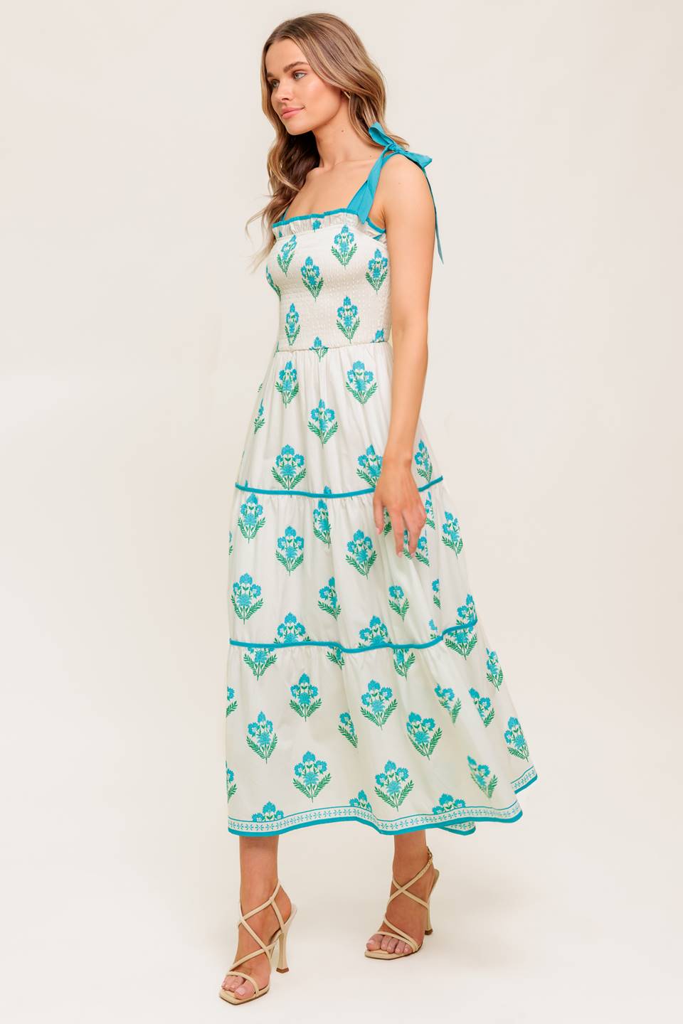 BEAUTY IN BLOOM Blue Tie Strap Midi Dress - Flowy Summer Dress for Beach, Wedding & Date Night