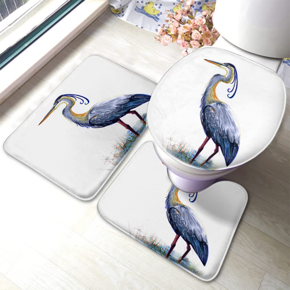 Swono Grey Heron Watercolor Bathroom Rug Set - 3 Piece Eco-Friendly Non-Slip Bath Mat, Toilet Lid Cover & U-Shaped Contour Rug with Rubber Backing - Perfect for Modern Bathrooms & Nature-Inspired Home Decor
