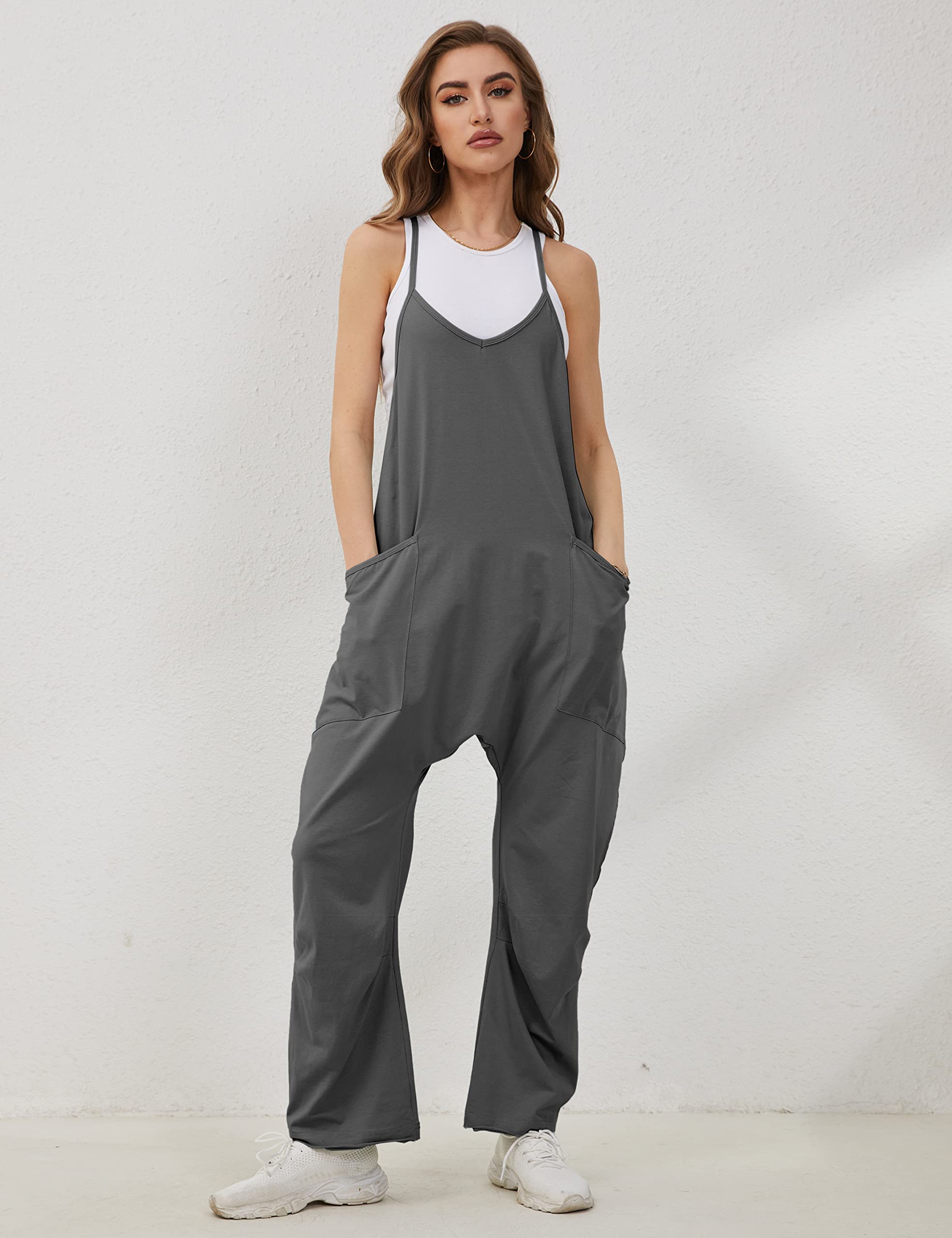 Lentta Women's Casual Jumpsuit - V Neck Sleeveless Romper with Adjustable Straps & Pockets | Stretchy Harem Overalls for Summer Outings, Beach Wear & Casual Fashion