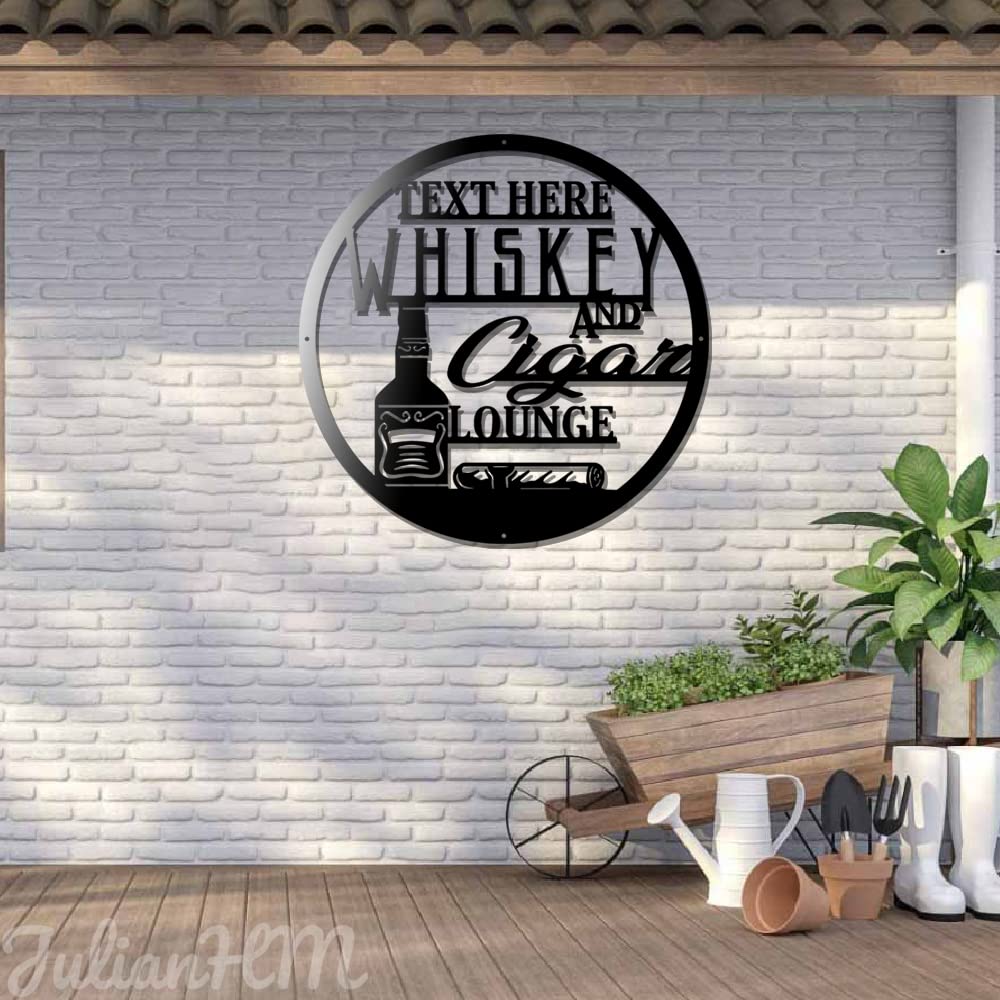 Personalized Whiskey & Cigar Lounge LED Metal Wall Art - Custom Bar Name Sign with Lights (24x24 Inches) - Perfect for Home Bar Decor, Man Cave, and Smoking Room Ambiance