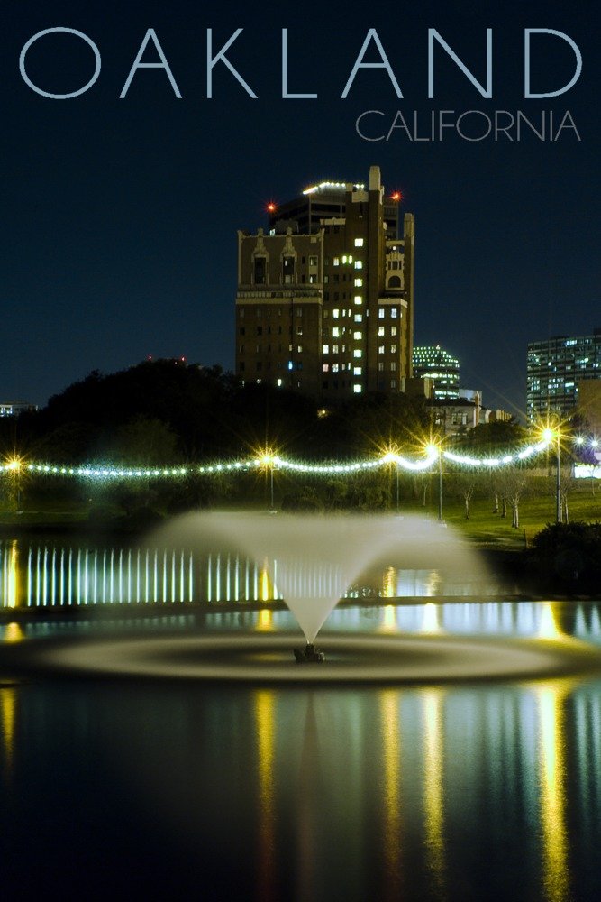 Oakland California Night Fountain Wall Art - 12x18 Gallery Quality Metal Print, Aluminum Decor for Living Room, Bedroom & Office