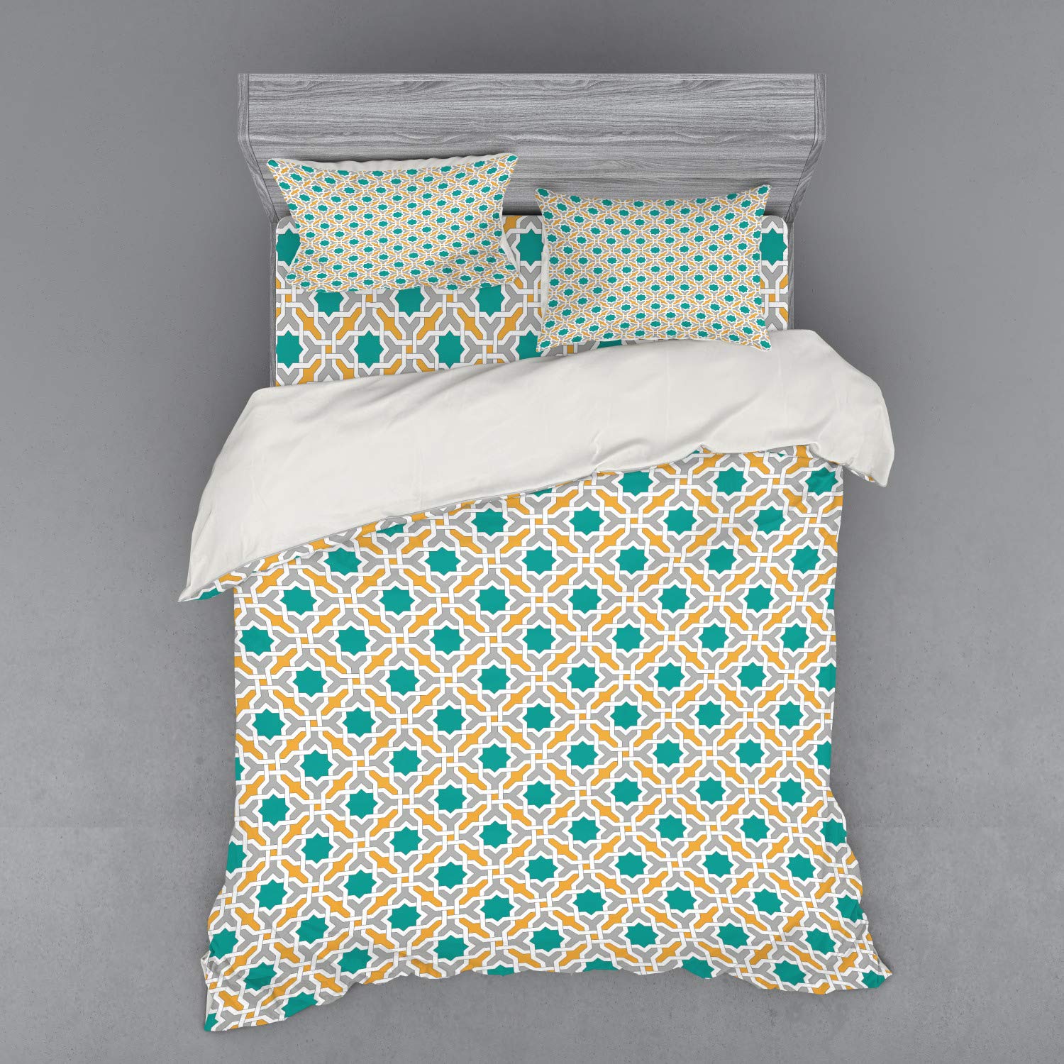 Ambesonne Teal Duvet Cover Set - Queen Size 4-Piece Bedding Set with Abstract Geometric Oriental Design, Shams & Fitted Sheet in Mustard Teal Grey | Modern Home Decor for Master Bedroom, Guest Room & Dorm