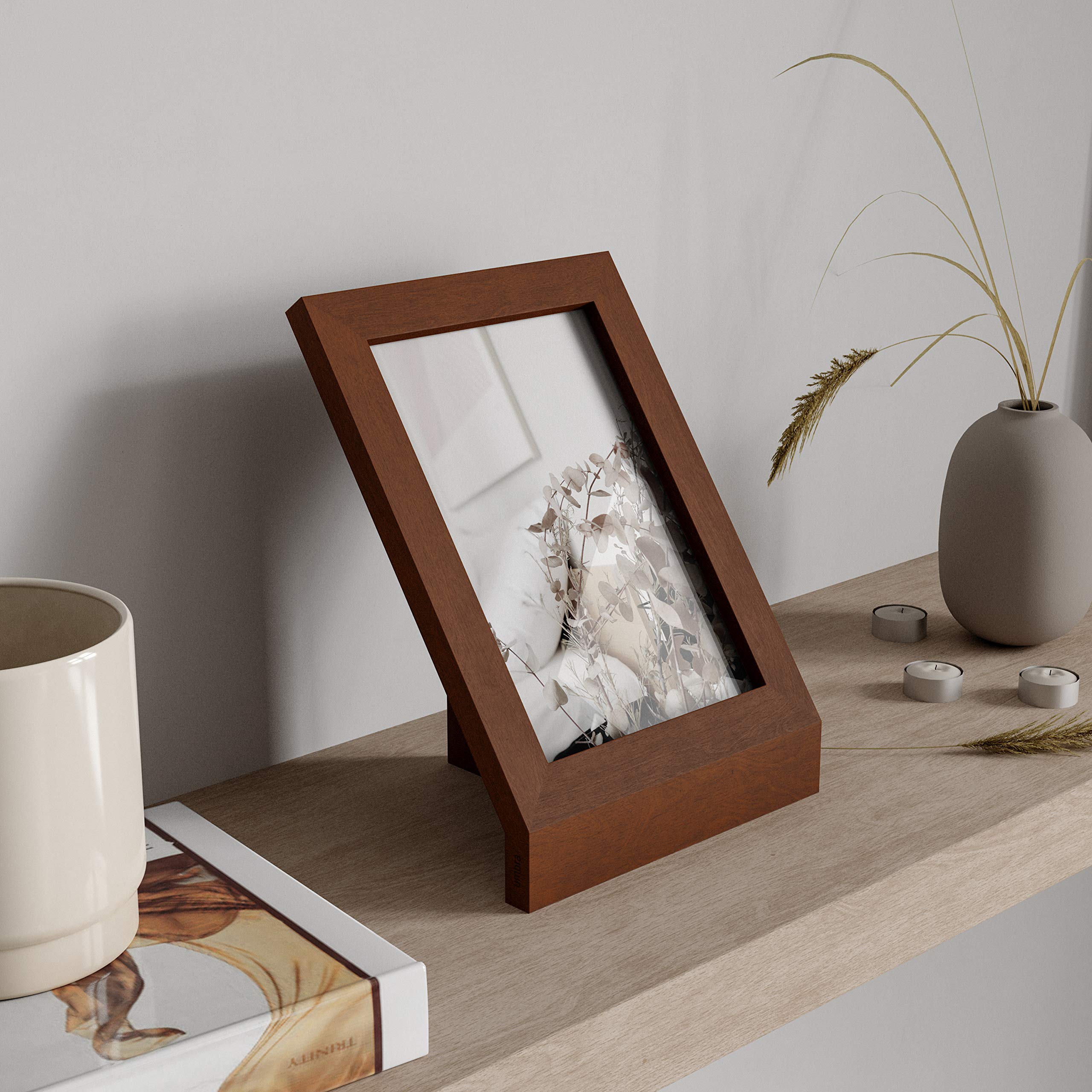 Umbra Podium Picture Frame 5x7 Inches - Modern Walnut Wood Photo Display for Home & Office Decor - Perfect for Desks, Shelves, and Gift Giving