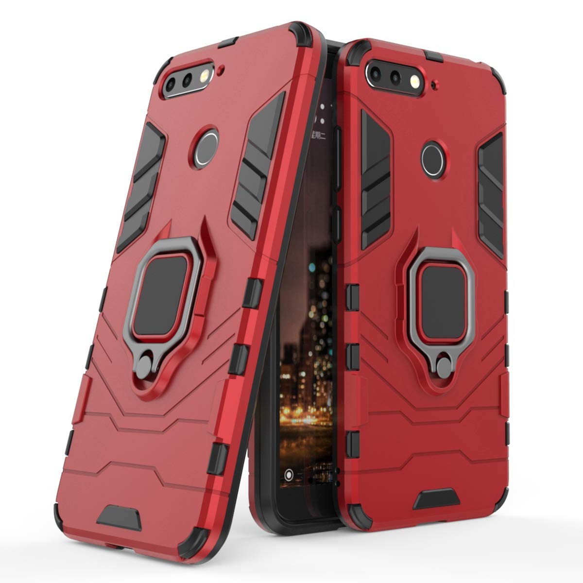 LuluMain Huawei Y6 (2018) Case & Honor 7A Phone Cover - Shockproof Hard Bumper with Metal Ring Grip & Kickstand | Magnetic Car Mount Compatible | Dual Layer Rugged Protection (Red) - Perfect for Outdoor Activities, Travel & Daily Use